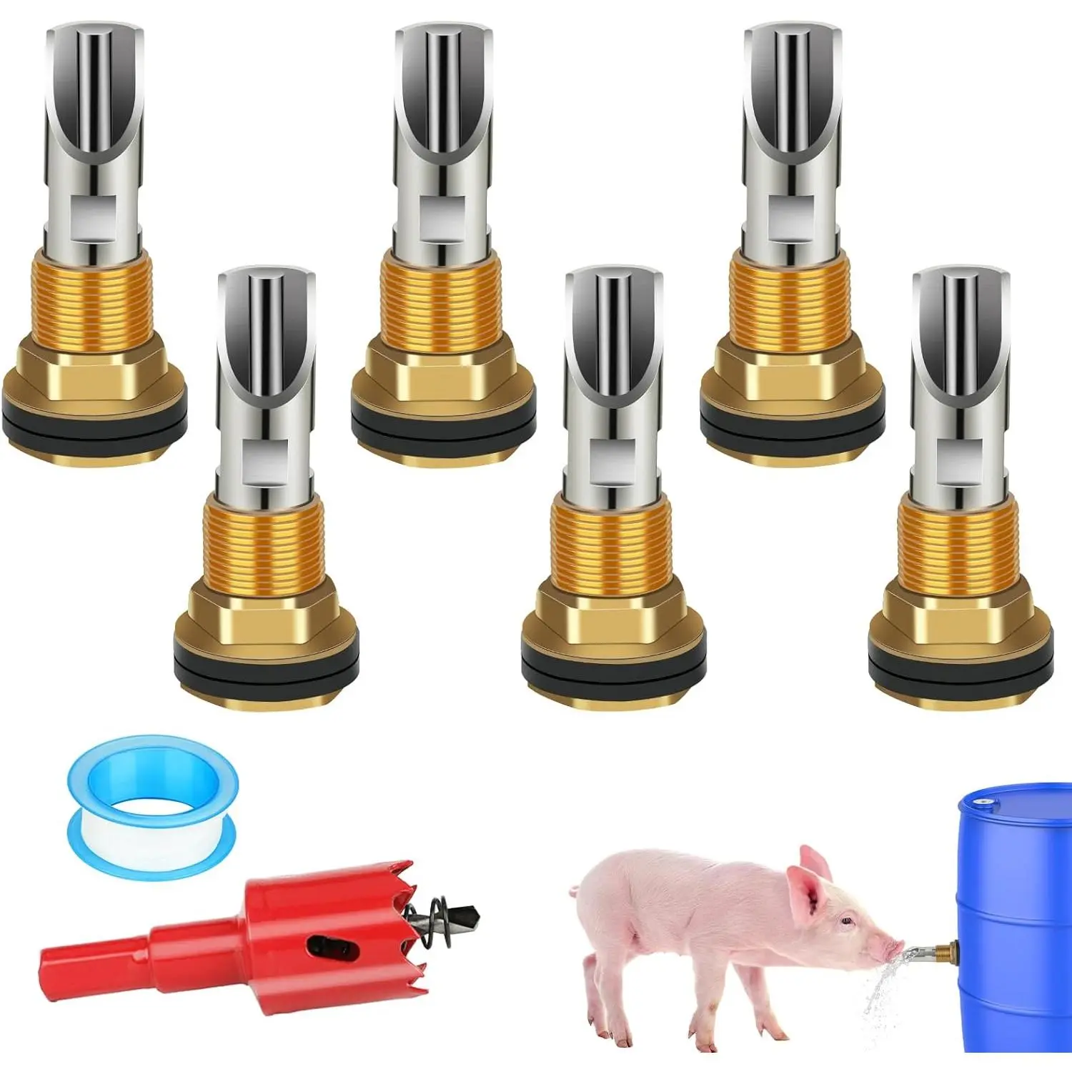 6PCS Pig Waterer Nipple Automatic Pig Nipple Water Drinker Barrel Kit, Stainless Steel Hog Water Drinker Feeder with Brass Waterer Tank Connectors for Pig Goats Swine Piglets Drinking