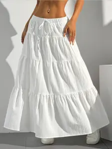 Spring Summer Plus Size Women's Skirt Bottoms, Belted Patchwork Flare Long Dress, Casual Loose-Fitting A-Line Midi Skirt