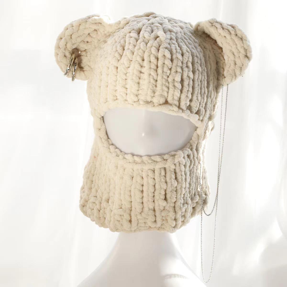 Cozy Bear Ear Beanie Hat for Women & Men - Warm Knitted Winter Cap with Fuzzy Ears, Unisex Street Fashion Balaclava Style Hip Hop Hat