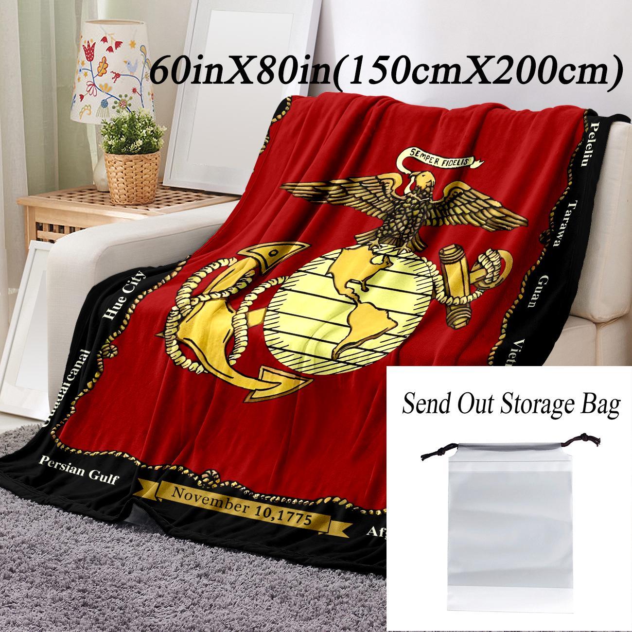 U.S. Marine Corps Emblem Pattern Blanket, 1 Count Soft Warm Throw Blanket with Storage Bag, Air Conditioning Room Blanket, Comfortable Nap Blanket for Home & Office
