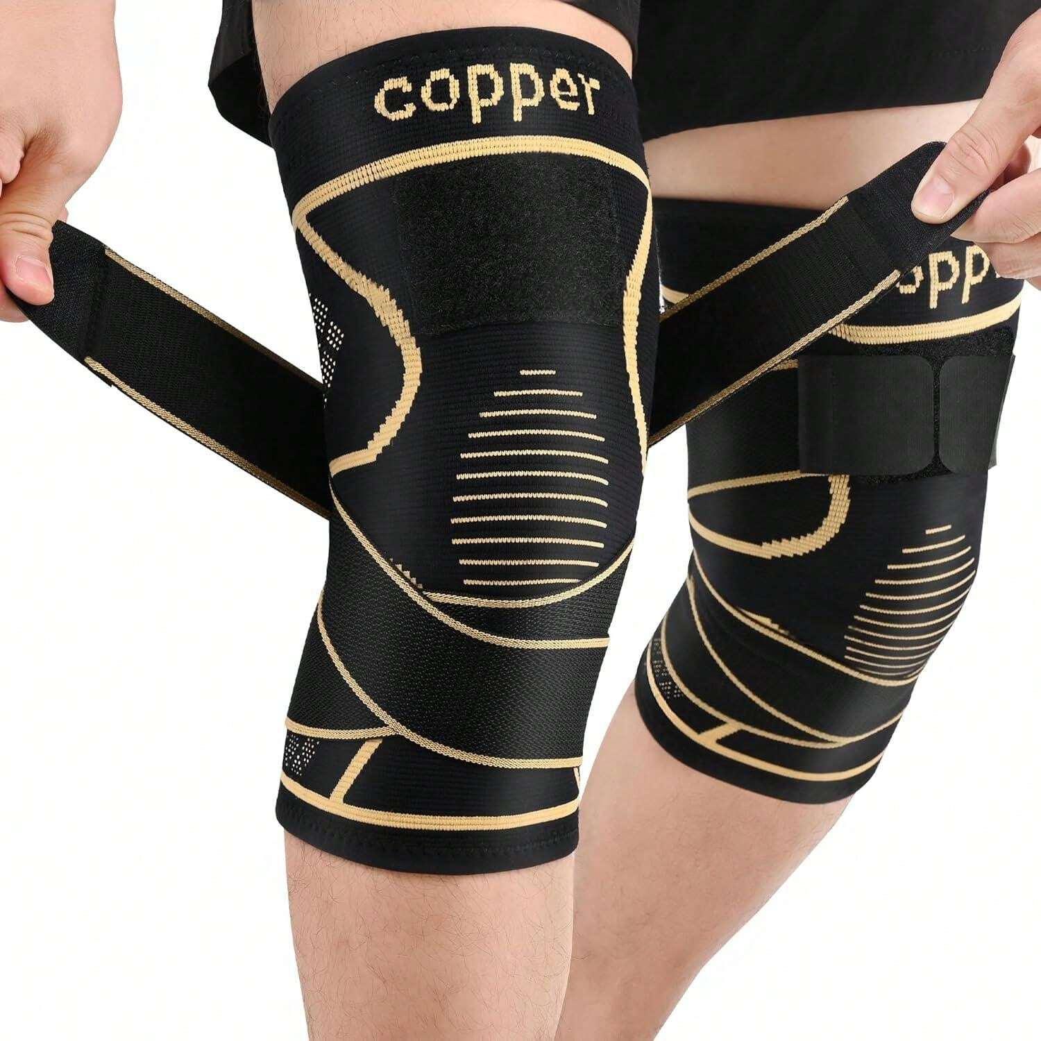Copper Knee Brace with Strap, Compression Sleeve for Knee Support & Stability, Modern Design Durable Nylon-Blend Knee Compression Wrap, Sports Knee Brace, Patellar Knee Brace, Knee Saver, Knee Wraps