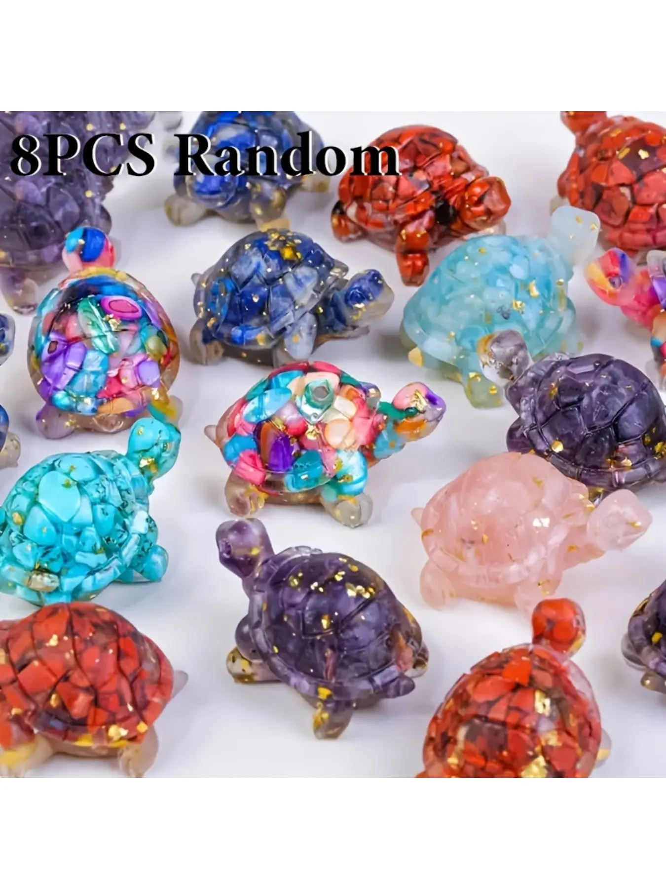8-Piece Random Color Colorful Crystal Turtle Ornaments - Handmade Resin Animal Figurines Decor for Meditation, Home and Aquarium - Colorful Translucent Small Turtles, Turtle, Resin Ornament Set