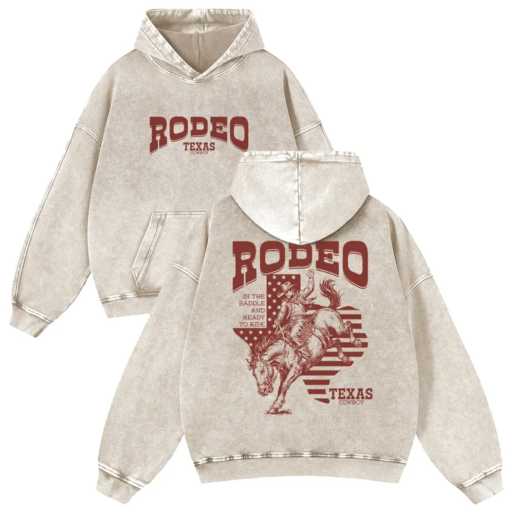 Vintage Texas Rodeo Graphic Hoodie Oversized Heavyweight Washed Sand Sweatshirt, Unisex Cowboy Western Retro Streetwear Hooded Top
