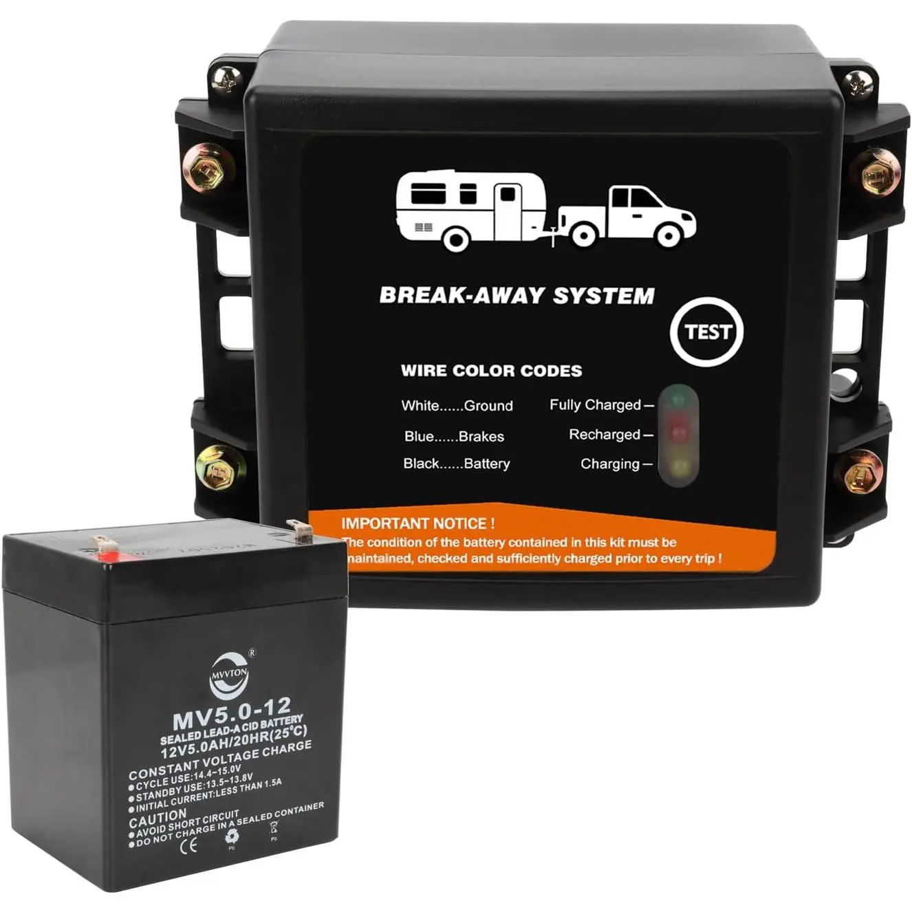 Towing Brakes Breakaway Kit with Charger, Side Load Brake Controller System and LED, 12V 5AH Lead-Acid Battery, Suitable for Caravans