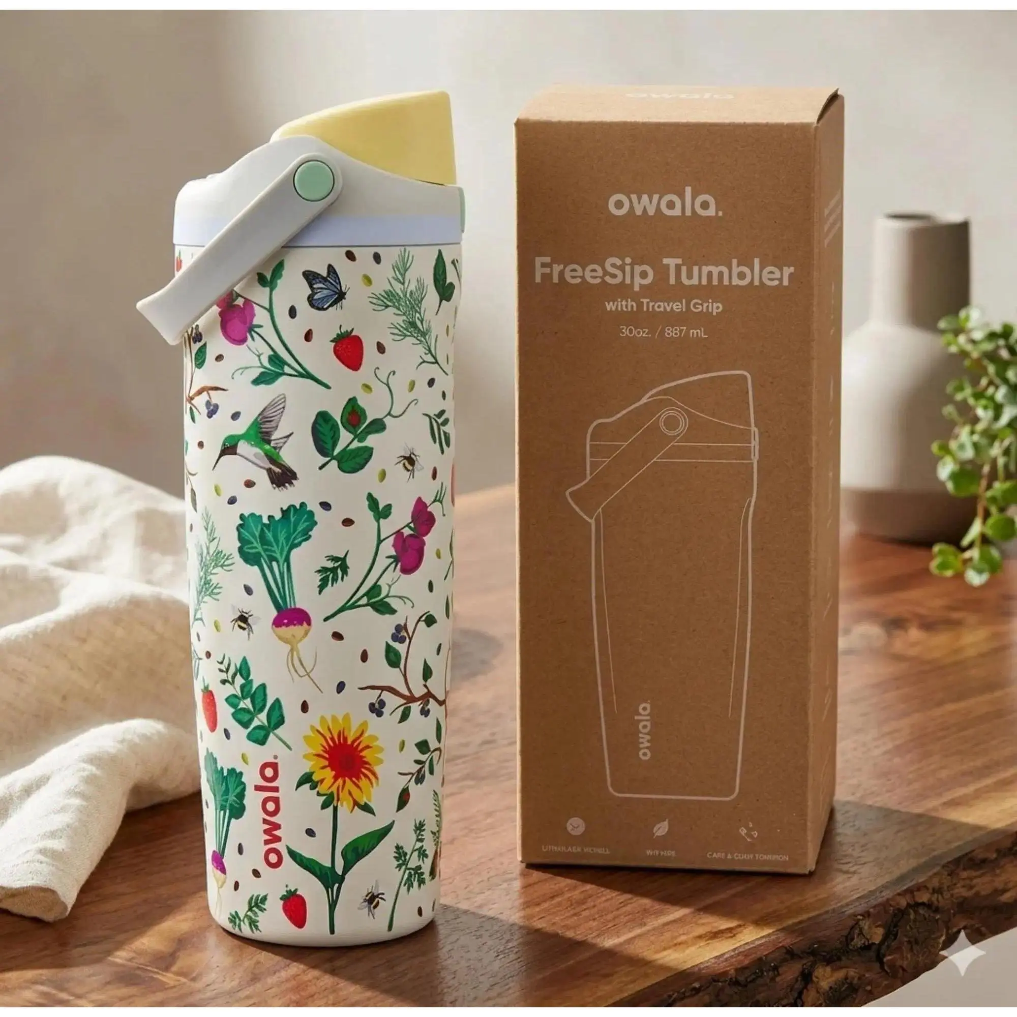 Owala FreeSip 30oz White Floral & Hummingbird Bottle | Unique  Gift for 2026