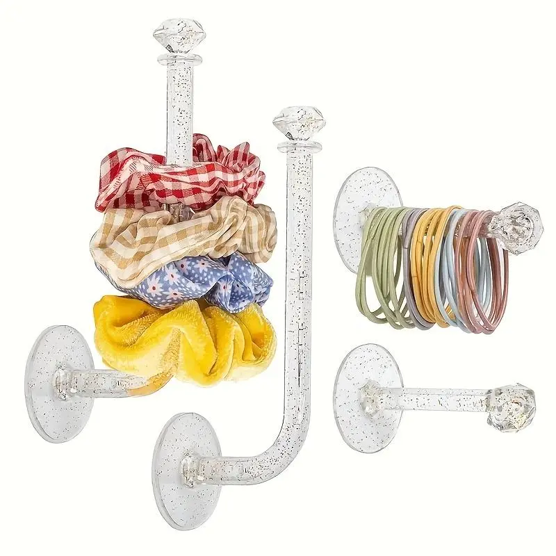 4-Pack Transparent Glittery Scrunchy Holders (10 Hooks Total) - Home Organizer Utility Hooks for Women, Organizes Hair Additions, Headbands, Hair Ties, Bracelets, Necklaces