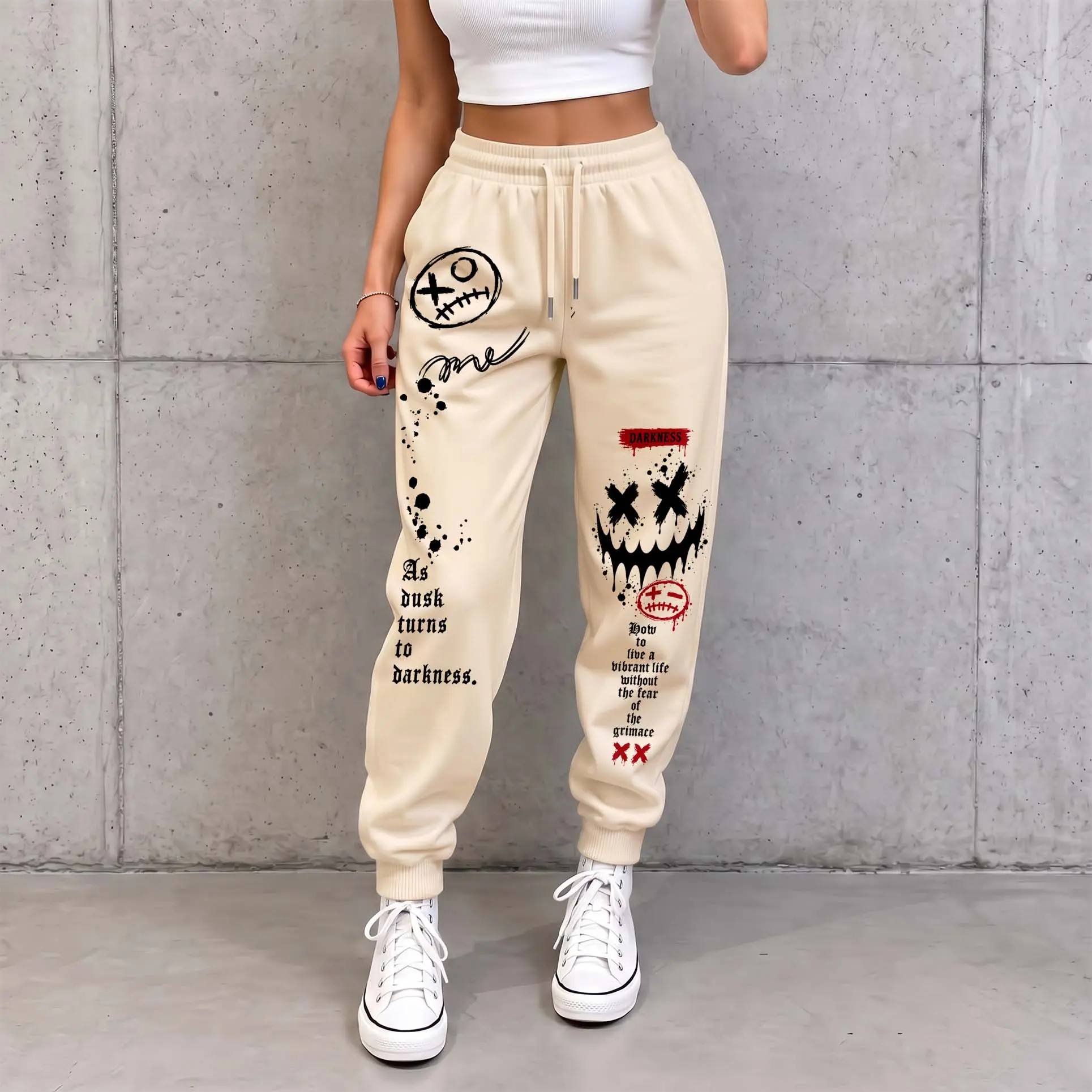 Women’s Darkness Graphic Jogger Pants, Gothic Smiley Face & Graffiti Print Sweatpants, Y2K Alternative Streetwear Drawstring Pants for Women, Casual Punk Style Lounge Bottoms for Daily Wear & Travel