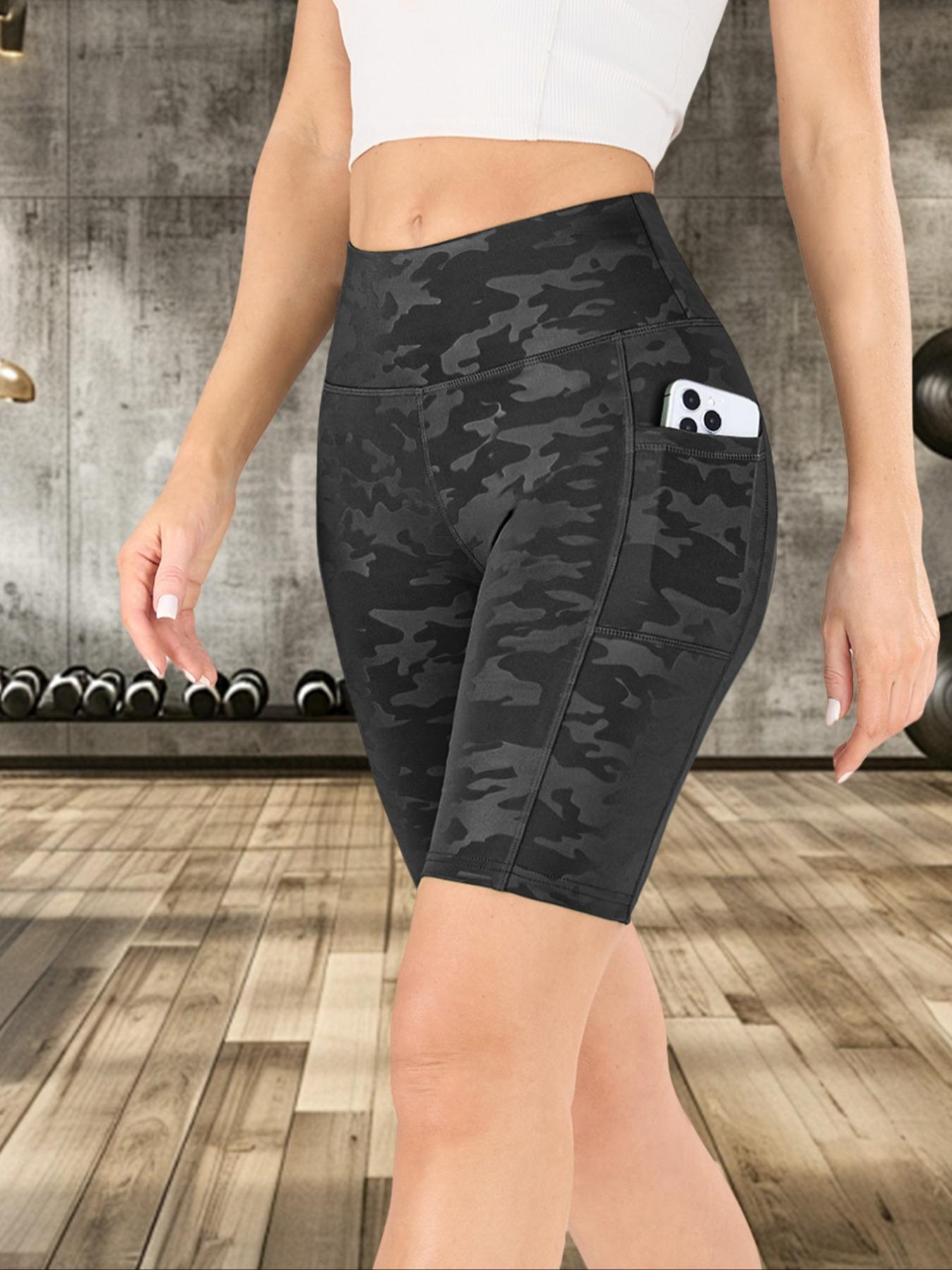 Women's Camo Print Gym Shorts, Breathable Comfortable Skinny Shorts, Side Pockets Shorts, Ladies Sportswear for Indoor Outdoor Wear, Stretch Shorts, Bottoms