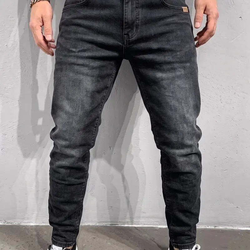 Men's Vintage Faded Washed Slim Fit Stretch Jeans, Classic Mustache Gradient Wash, Casual Daily Streetwear, Tight-Fit Long Pants, Fashion Jeans