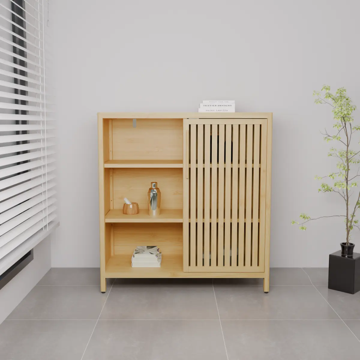 Sturdy Natural Bamboo Slim Vertical Freestanding Tower Cabinet (31.02"l x 13.00"w x 32.91"h) - Heavy Duty Space-Saving Organizer with 2 Open Shelves, 1 Door, Closet Storage for Laundry Room, Linen Closet Organization, Small Room Ideas, Assembly Required