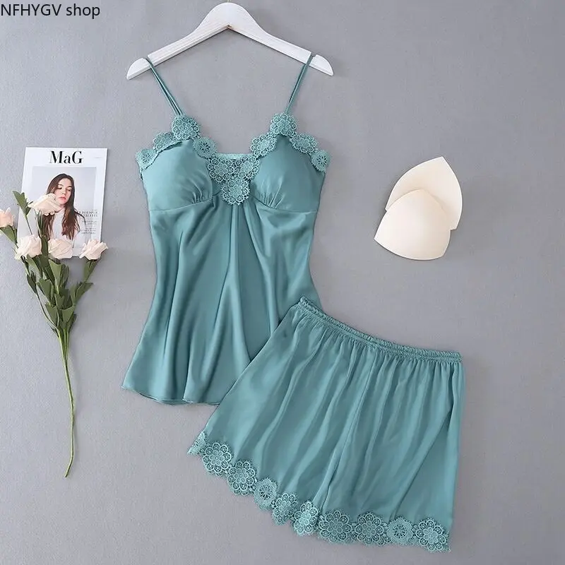 Glossy Satin Hollow Floral Lace Two Piece Pajama Set With Chest Pads, V Neck Thin Strap Cami Elastic Waist Lace Trim Shorts, Elegant Loungewear For Ladies Night Relax Skincare And Indoor Leisure Styling