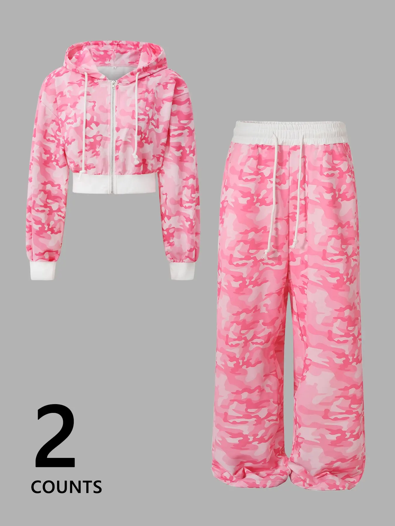 Women's Camouflage Print Short Hooded Sweatshirt Set, High Waist Wide Leg Pants, Casual Two-Piece, All Seasons