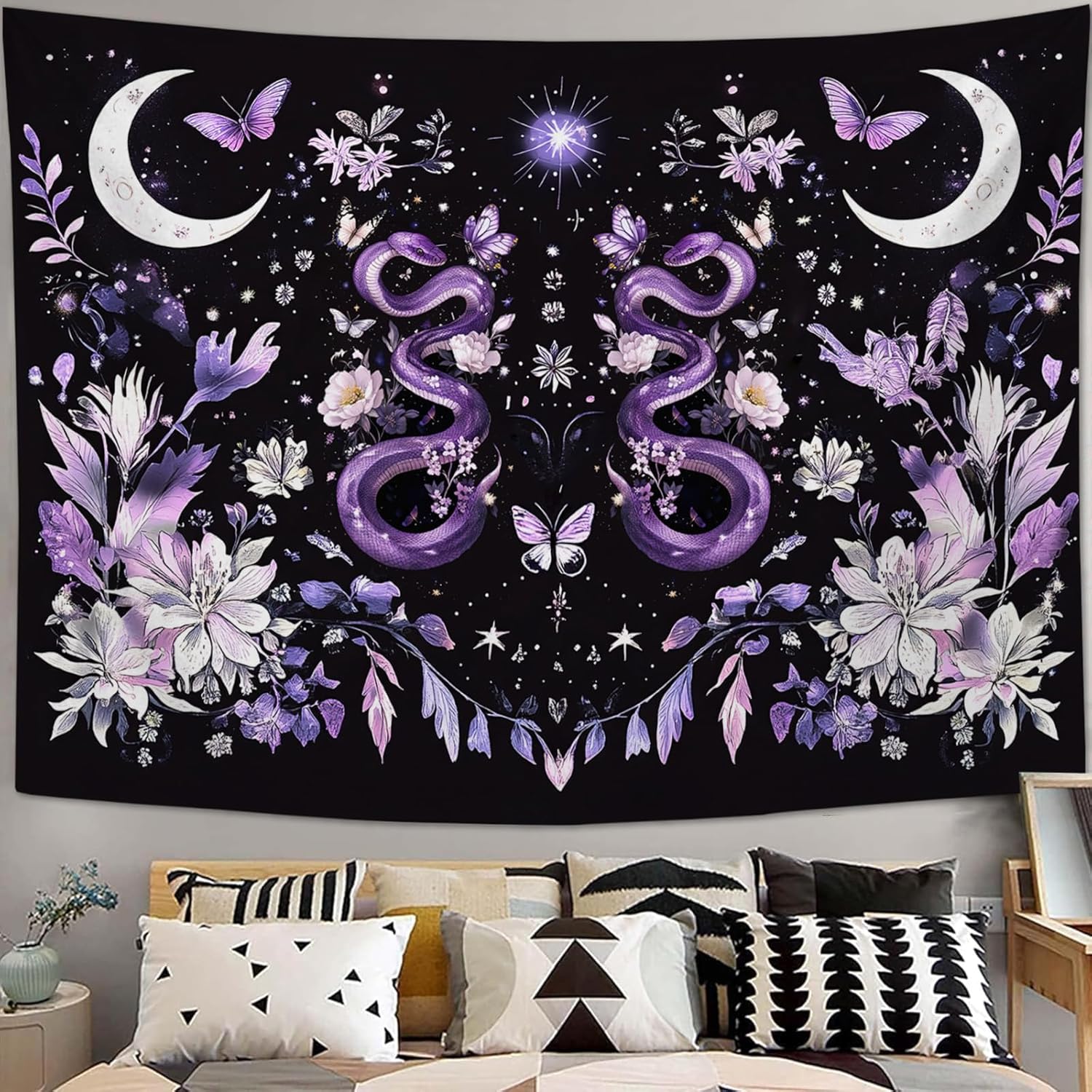 Purple Snake Tapestry Floral Moon Aesthetic Tapestries Boho Wall Art Witchy Hanging Decor Home Decoration for Bedroom Living Room Dorm 40"x60"