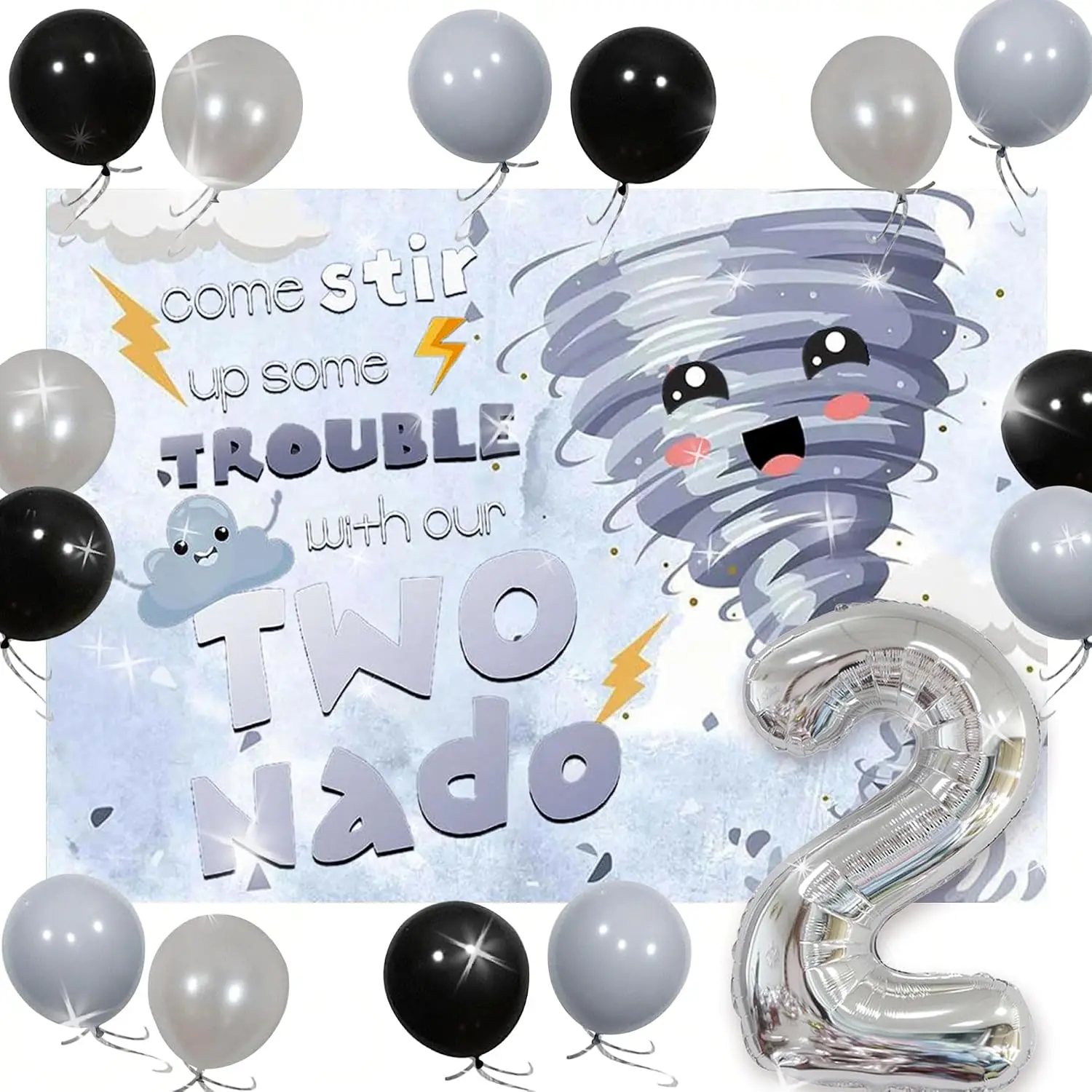 2 Nado Tornado Theme 2nd Birthday Decorations for Boys - Blue Backdrop, Number 2 Balloons, Festive Party Supplies (Home & Party Use)