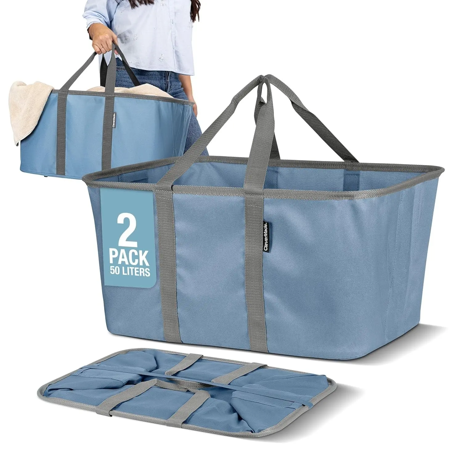 Collapsible Laundry Tote 2-Pack (50L) – Foldable Carry-All Storage Bin for Laundry, Car Trunk, RV, Dorm & Home Organization - Denim