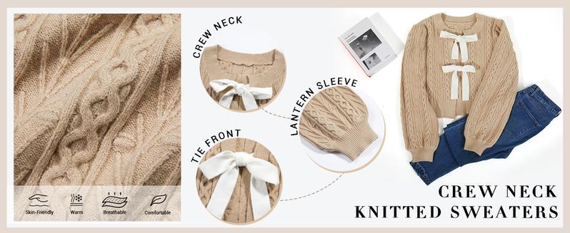 Saodimallsu Womens Cropped Cable Knit Cardigan Sweaters Long Sleeve Bow Tie Front Crew Neck Chunky Sweater Tops