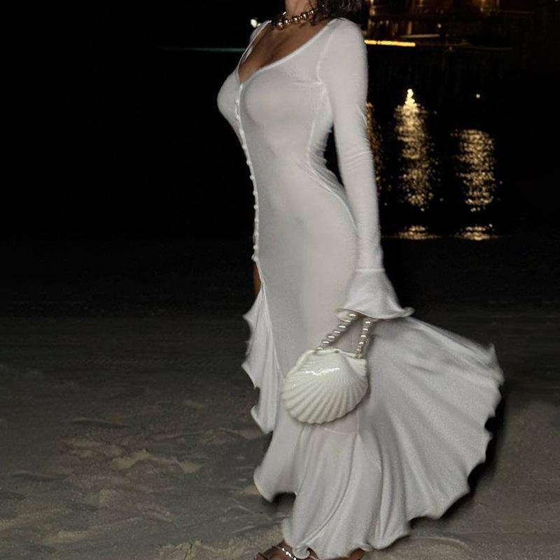 New Fashion V-neck Bell-sleeve Ruffle Dress with Hanging Decor Ornaments for Stylish Outfits and Hangable Decoration