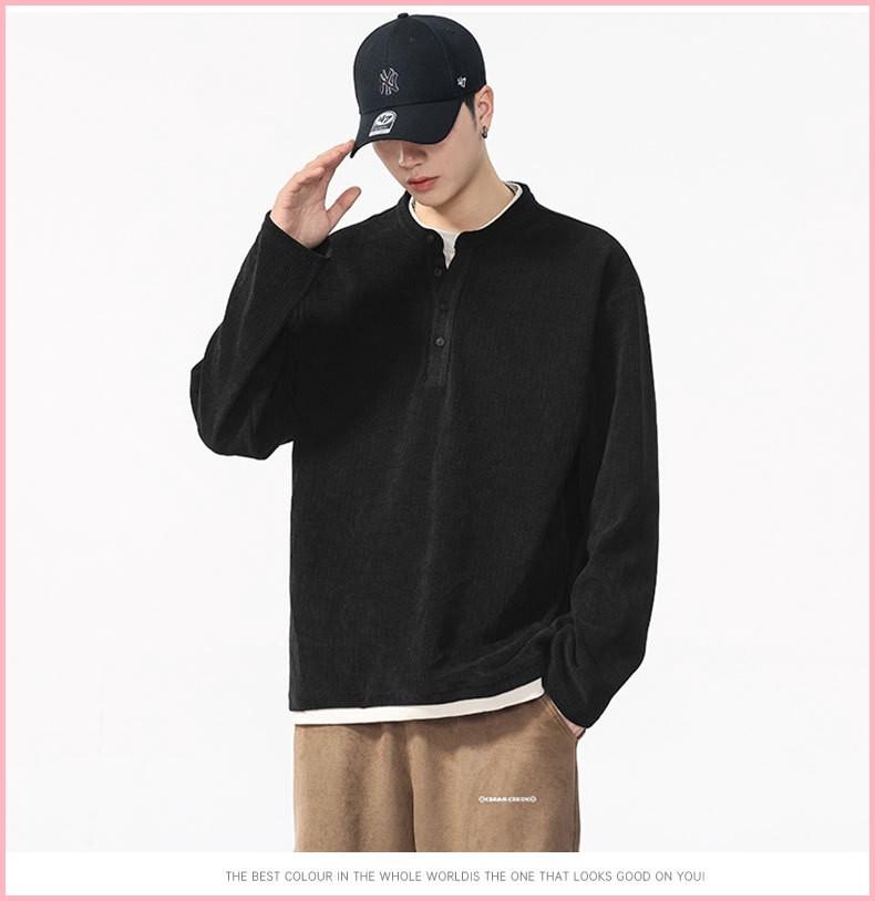 Autumn And Winter New Versatile Casual Fake 2 Pieces Handsome Trendy High Street Henley Collar Long-sleeved T-shirt For Men