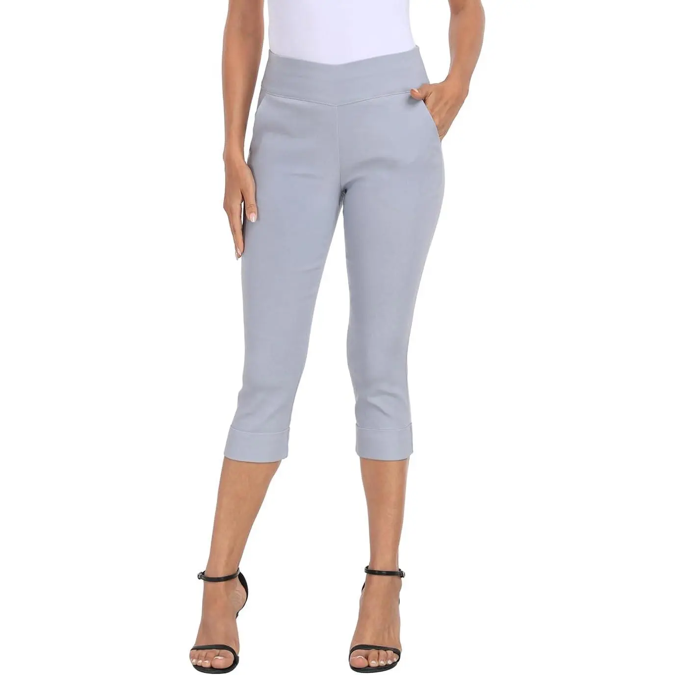 Women's Dressy Pull-On Capris, Smooth Stretch Crop Pants with Pockets for Business Casual Office, Straight Leg Slimming Through Hip, 19" Inseam, Minimalist, Formal, Basic, Everyday, Style, Fitted, Fabric, Bottoms, Cropped, Golf, Lightweight