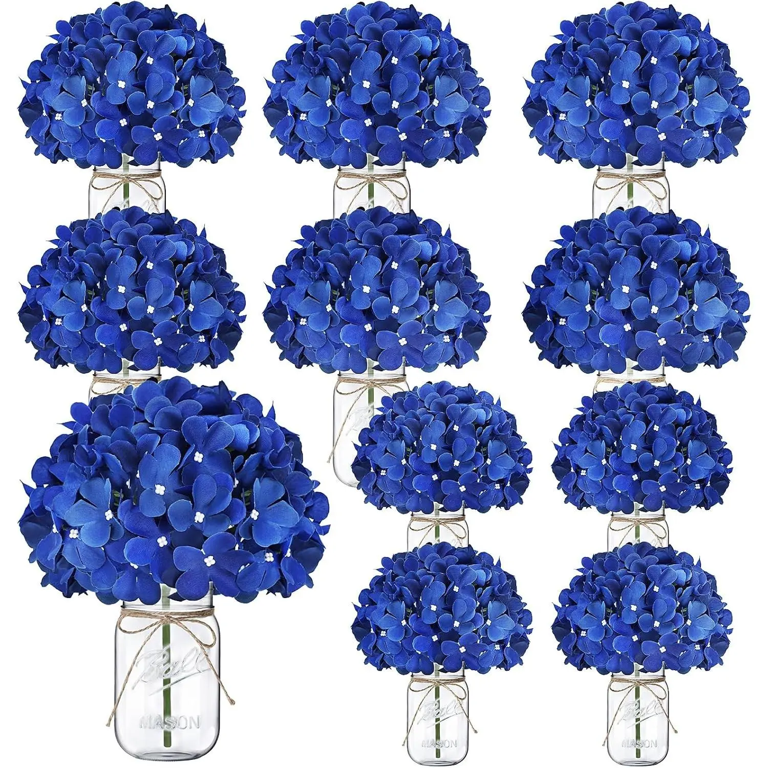 10-Set Royal Blue Silk Floral Mason Jar Centerpieces - Glass Table Decor with Hydrangeas for Wedding, Farmhouse Home Decor (Tableware Accent)