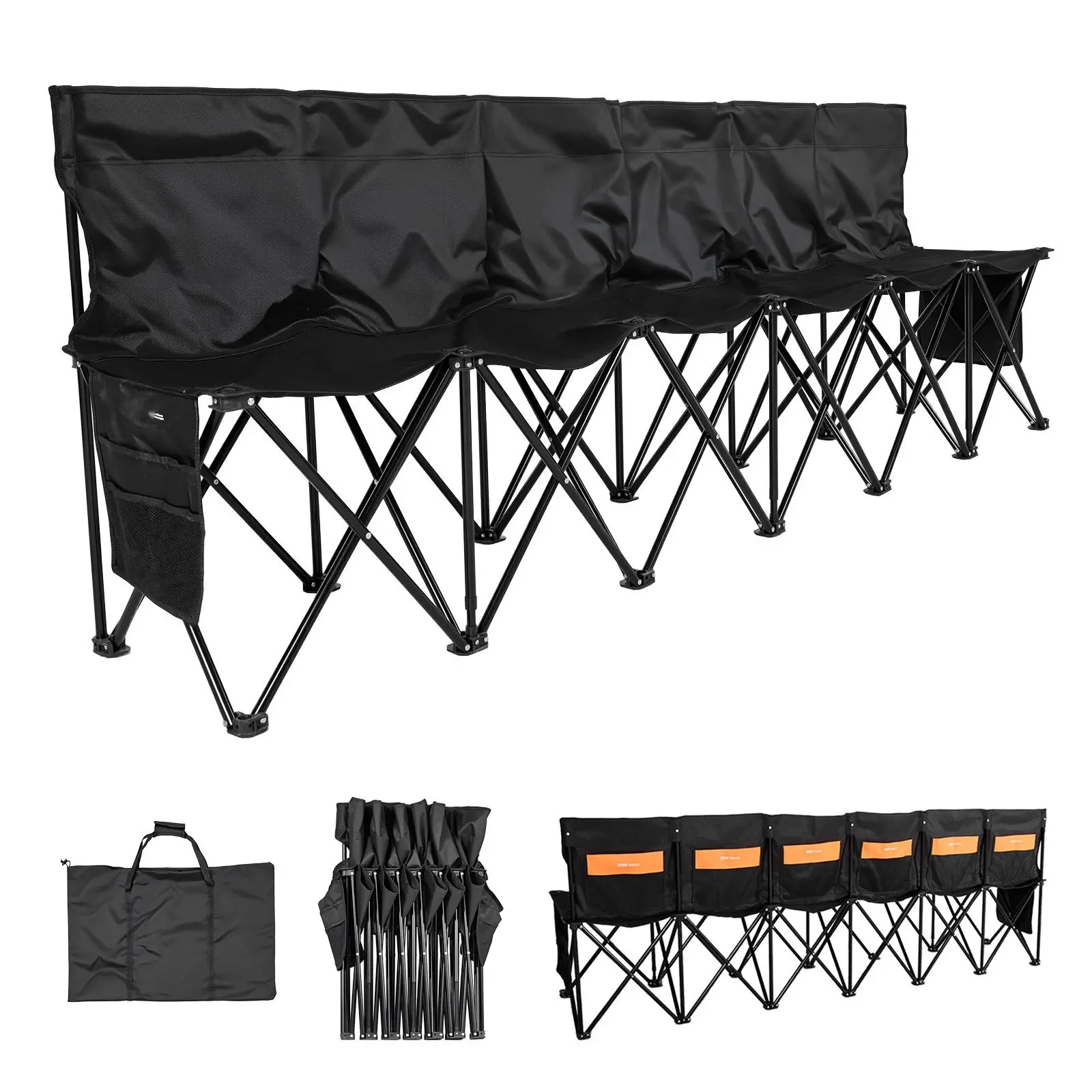 Portable Folding Bench, 6-Seat Sideline Bench With Storage Pockets And Carrying Bag, Lightweight, Weather-Resistant Back Rest Seating For Football, Baseball, Camping, Outdoor Events, Black