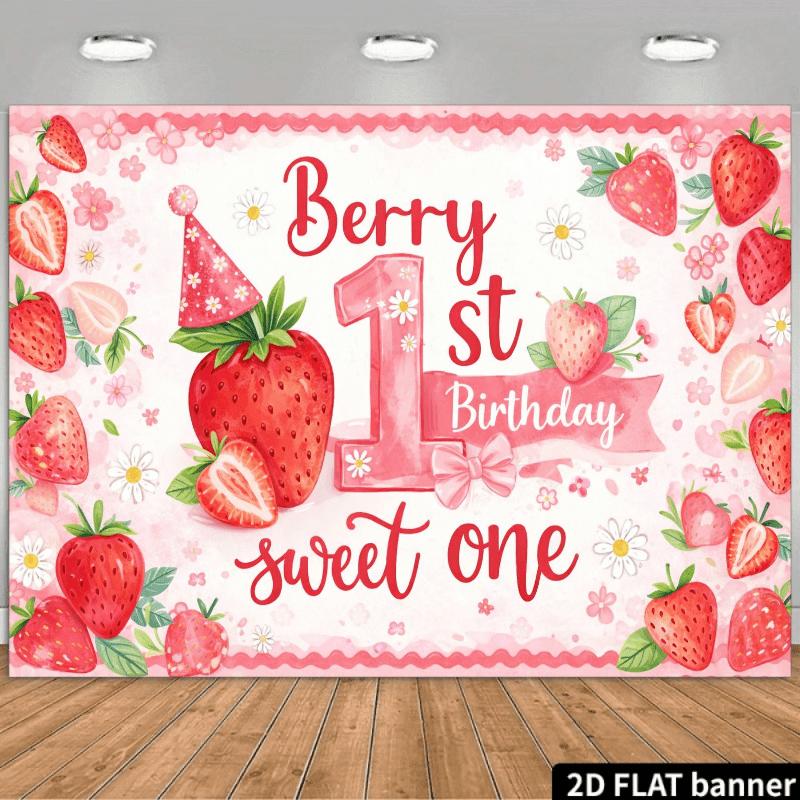2D Flat Strawberry-Themed 1St Birthday Party Backdrop, Featuring a Pink Number "1" in The Center with Red "Berry 1St Birthday" Artistic Font, Surrounded by Whole And Sliced Strawberries, Green Leaves, White Dai
