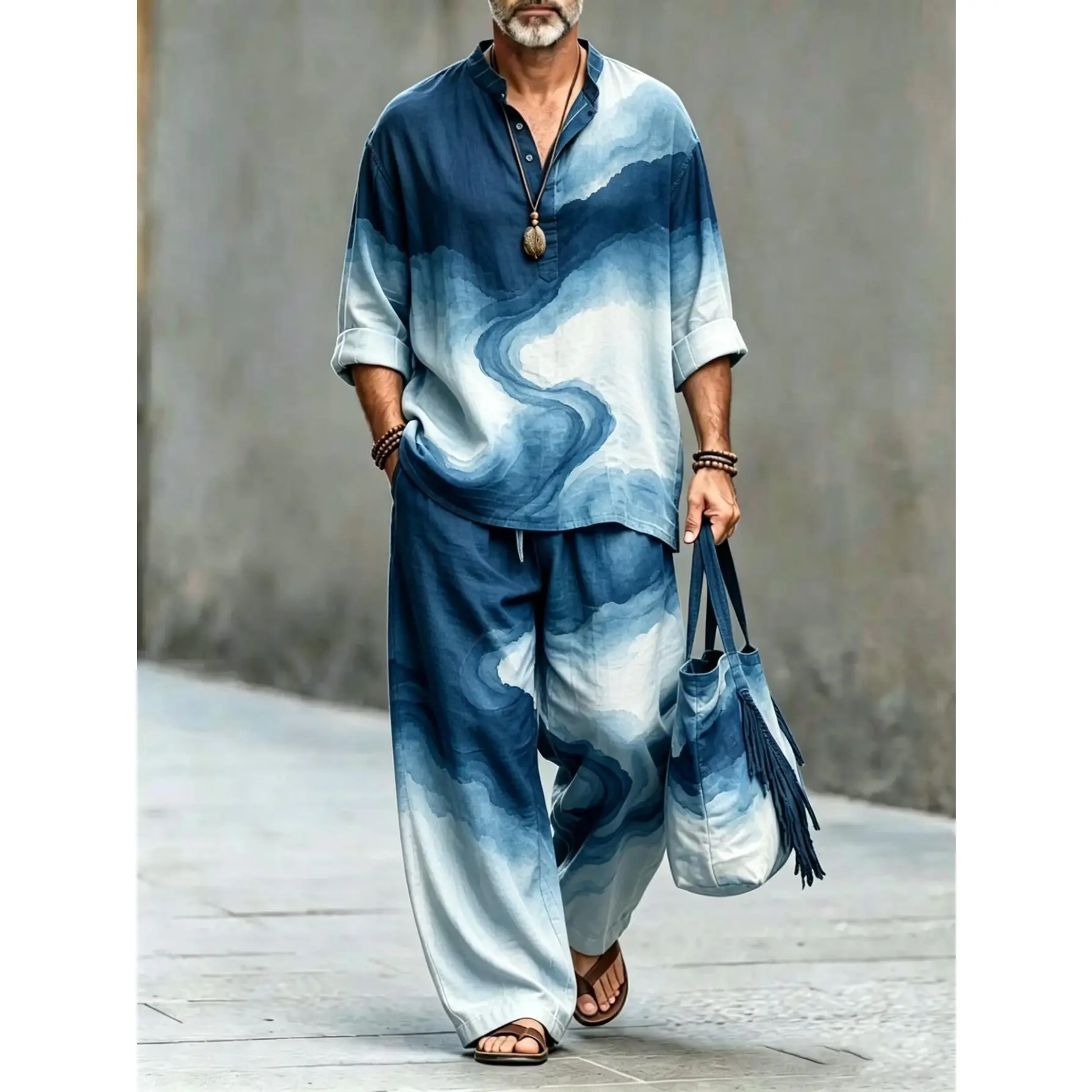 Men's 2-Piece Linen Co-Ord Outfit - Blue Ink Wash Wave Print Stand Collar Half-Placket Long-Sleeve Shirt + Drawstring Wide-Leg Loose Casual Pants