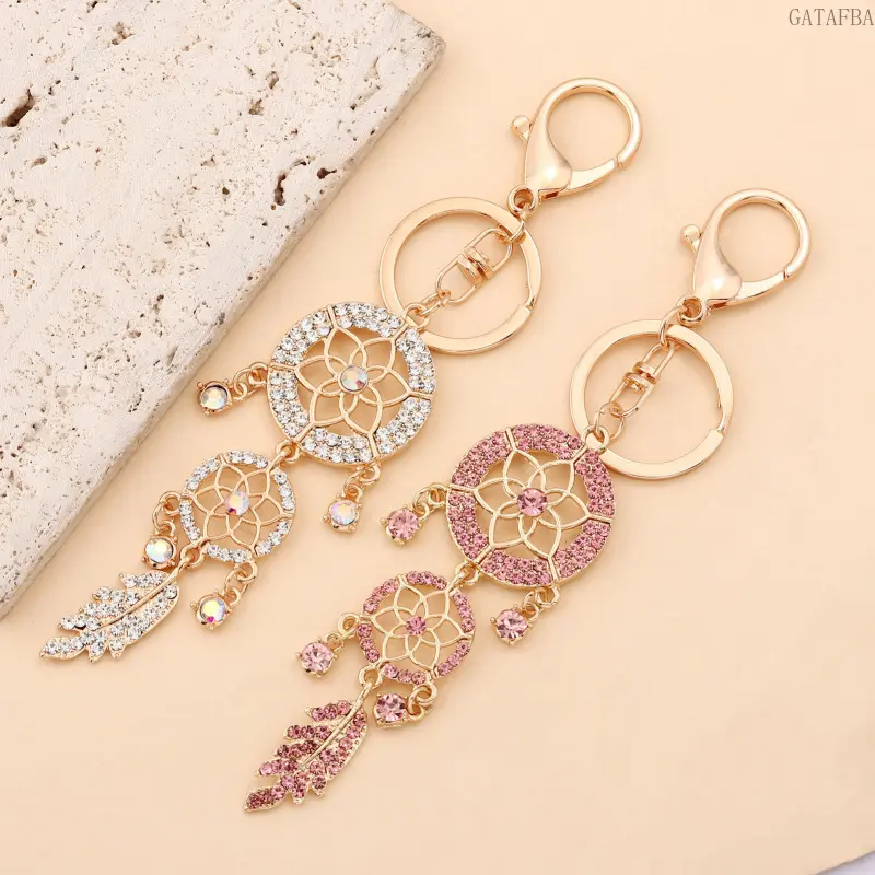 Creative Rhinestone Hollow Feather Dreamcatcher Keychain, Metal Pendant Ornament for Car & Bag, Small Decorative Gift