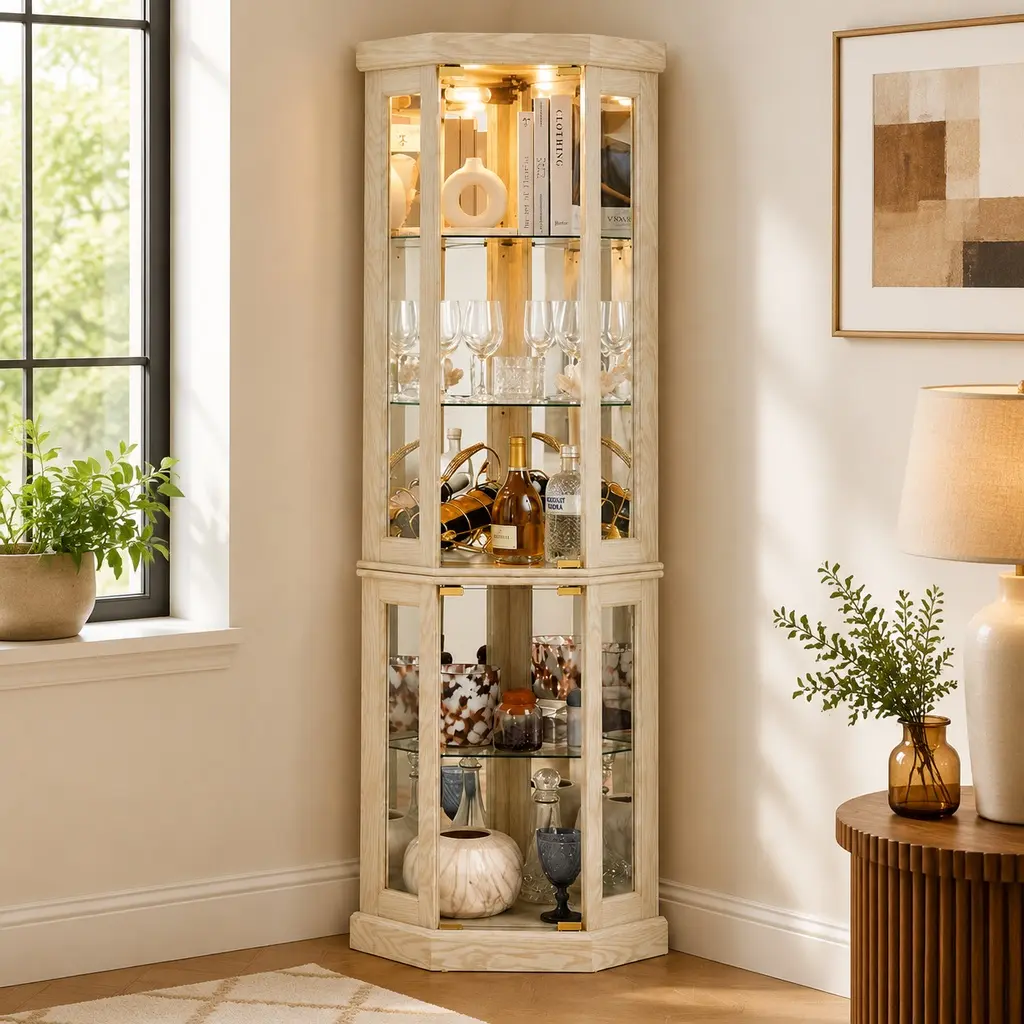 Lighted Corner Curio Cabinet, White Display Case with Glass Doors and Shelves, Built-in Lights for Living Room, Antique Collectibles, Wine & Bar Glass Storage