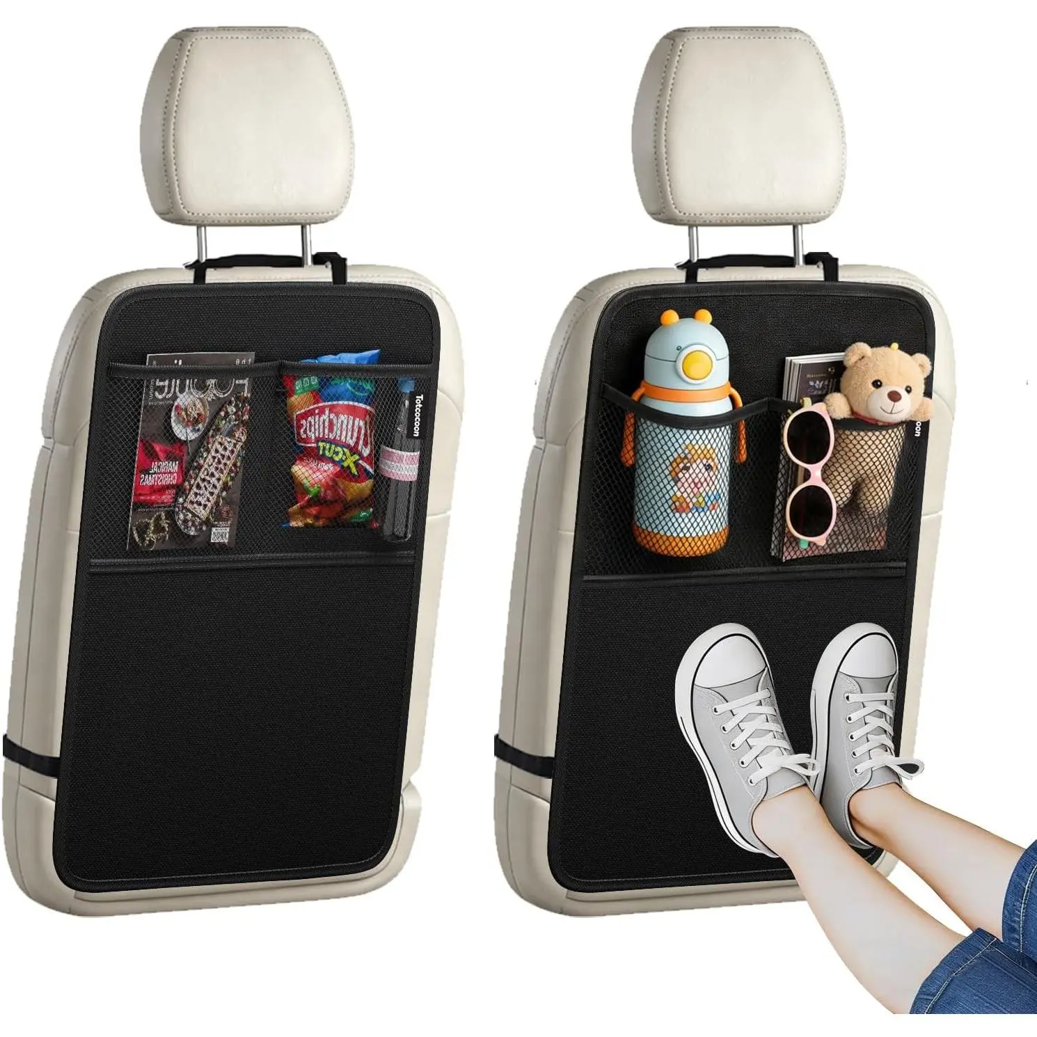 Car Back Seat Protector, 2-Pack Black Waterproof Kick Mats with Custom Storage Pockets, Universal Fit 600D Oxford Fabric Backseat Covers, X-Large Size with Zipper Storage Bag