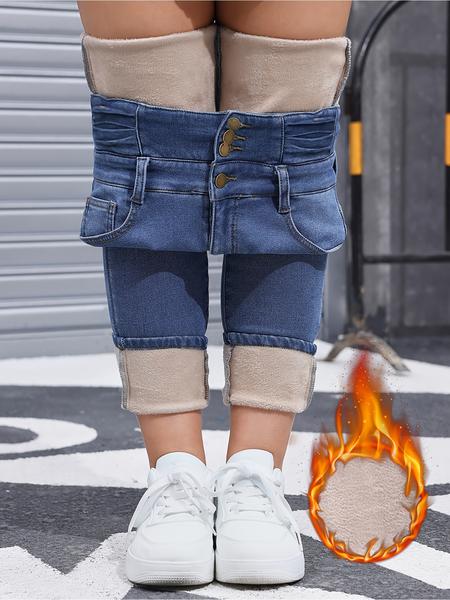 Women's Fleece-Lined Jeans, High Stretch Thick Denim For Winter, Slimming And Comfortable