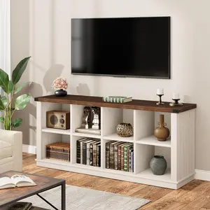 8 Cube Book Shelf, Rustic Farmhouse Wood Horizontal Bookshelf, Long Freestanding Bookcase Cabinet, 2-Tier Storage Organizer for Living Room, Entryway, Office, Brown and White