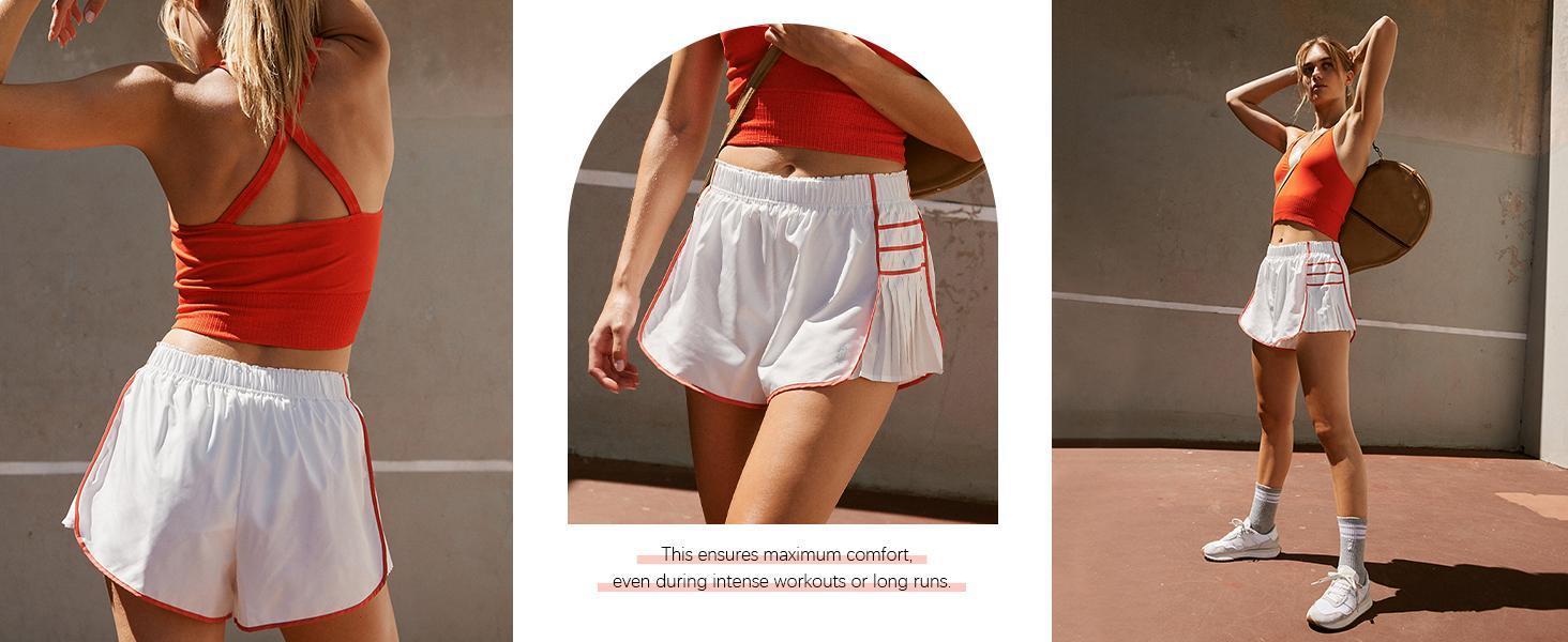 Imily Bela Womens Workout Gym Shorts Running Pleated Contrast Stitch Elastic Waist Athletic Quick Dry Shorts