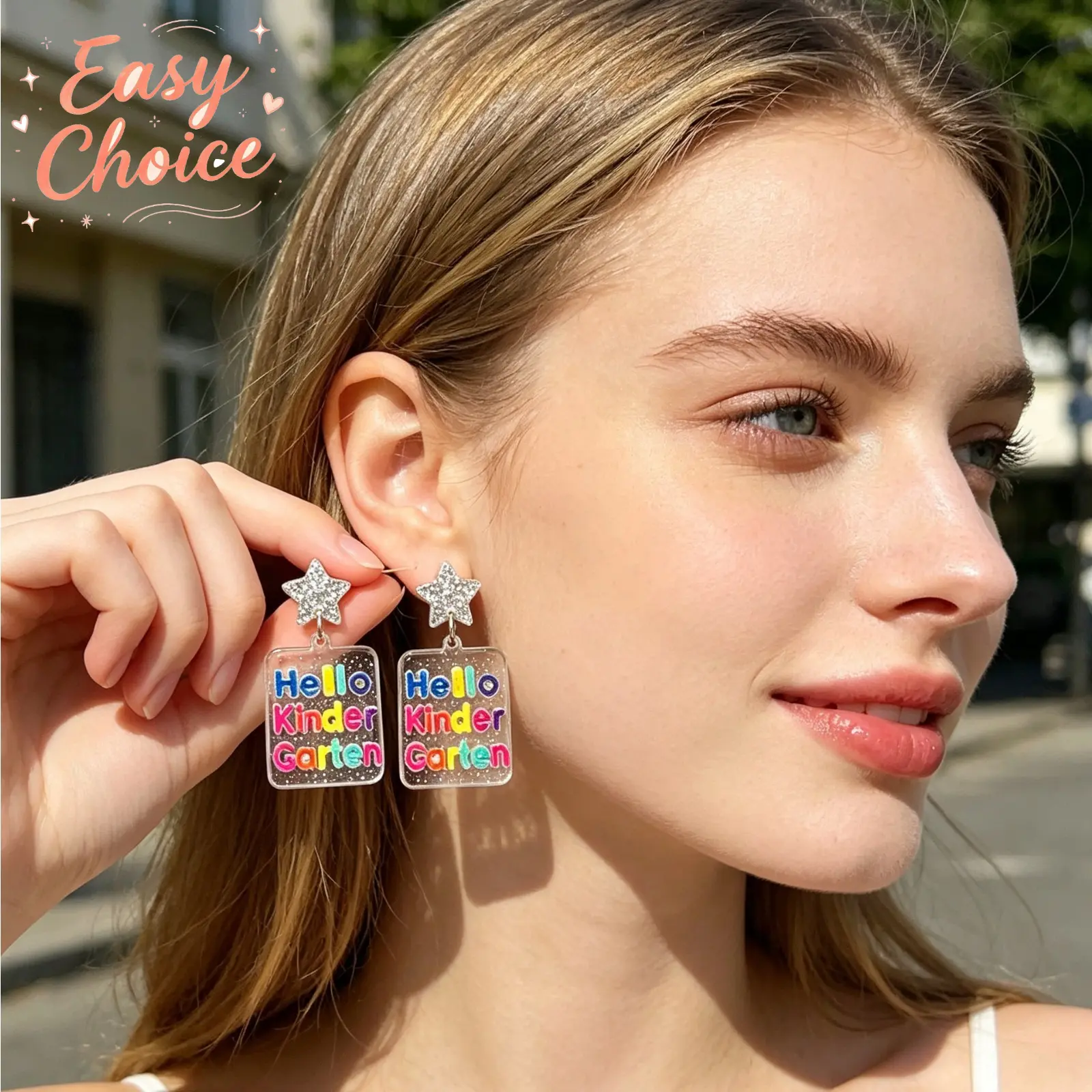 Cute Colorful Campus Glitter Letter Square Earrings, Fun Kidcore Hello Kindergarten Themed Stud Jewelry, Playful Daily Fashion Ear Accessories For Teen Students Girls