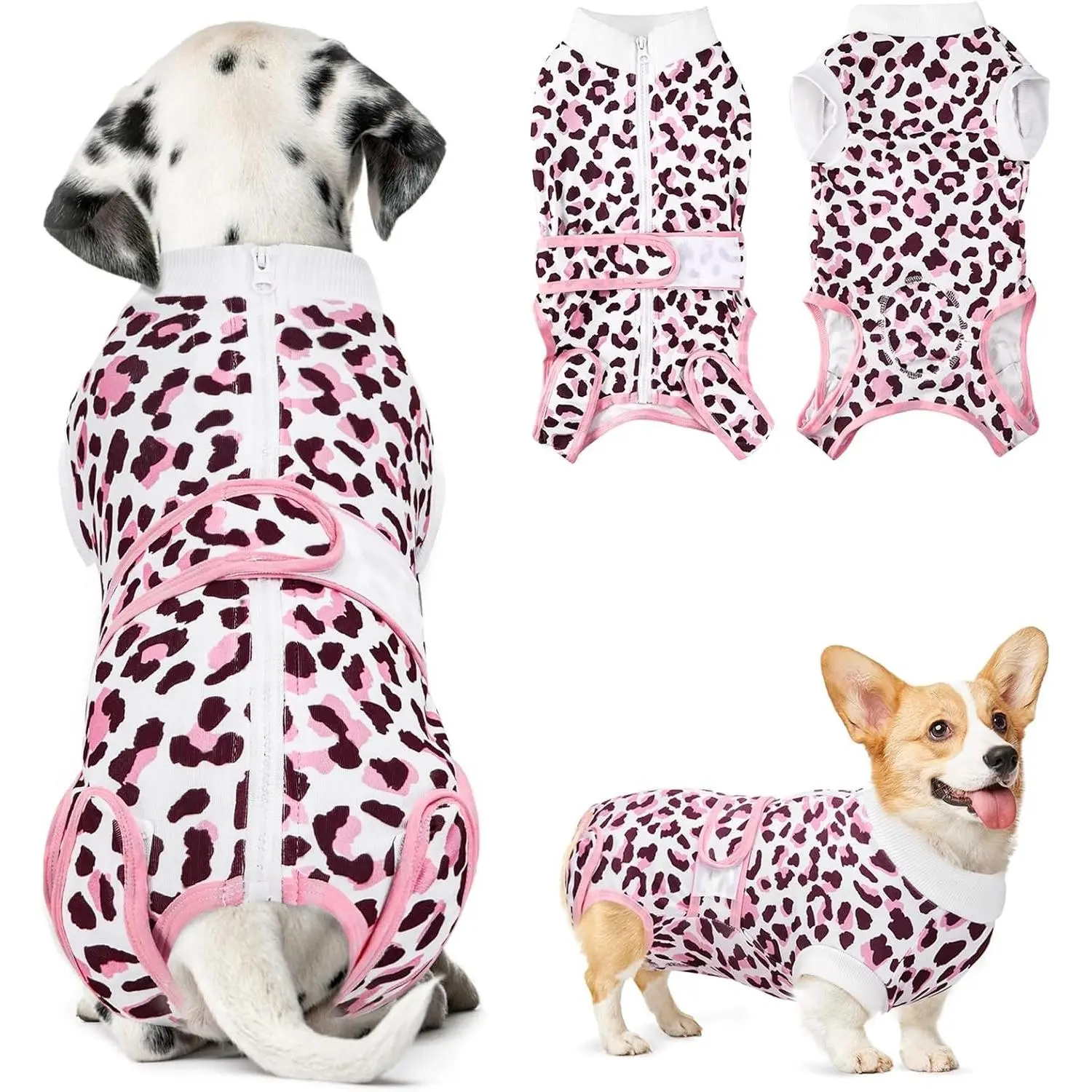 Recovery Suit for Dogs - Dog Surgery Suit Female Spay Male Neuter, Dog Surgery Recovery Suit with Zipper, Pet Surgical Onesies Bodysuit Abdominal Wound Bandages (Pink Leopard, S)