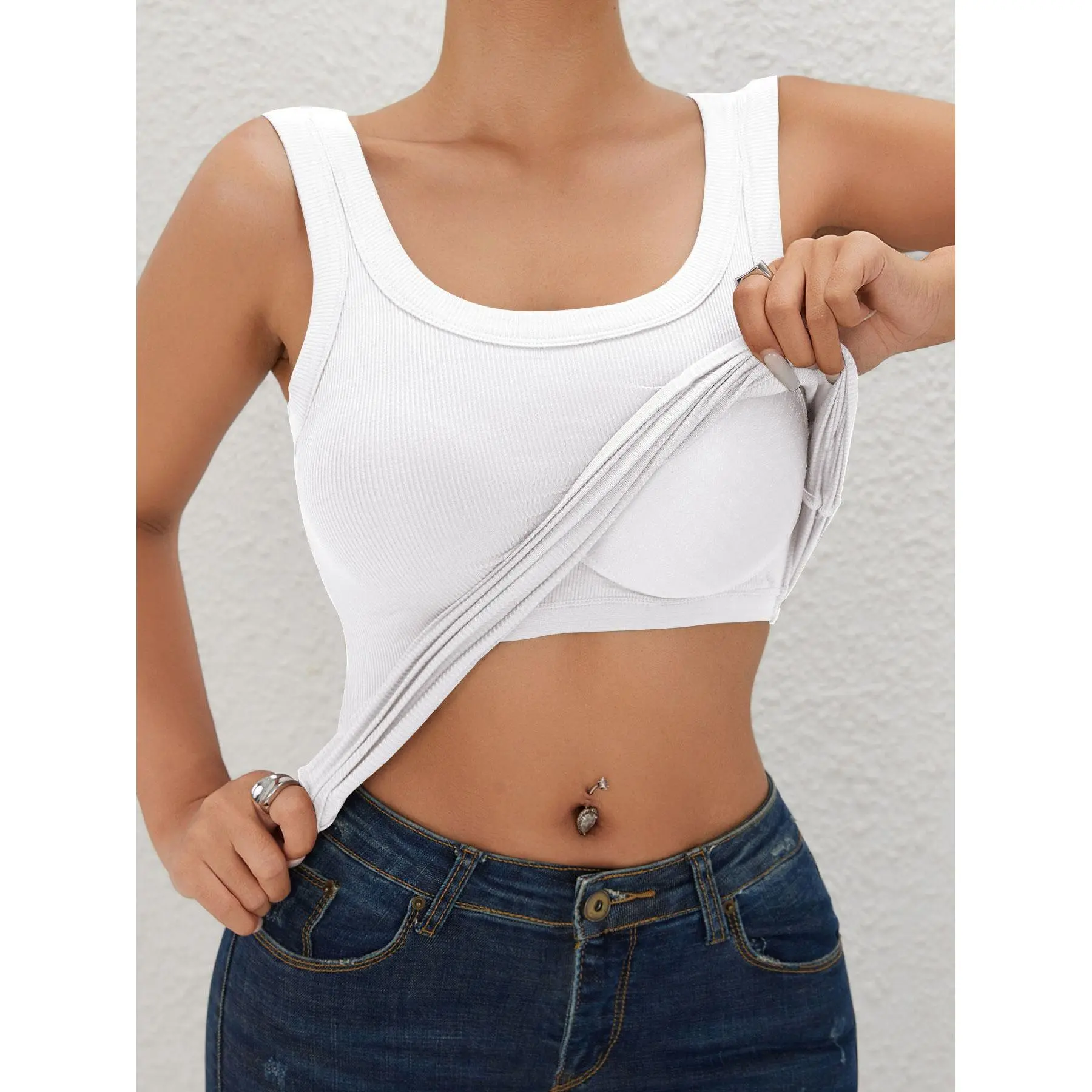 EssEleganceDaily Sportswear Women Scoop Neck Racerback Vest Elastic Ribbed Fabric Built-in Bra Tops