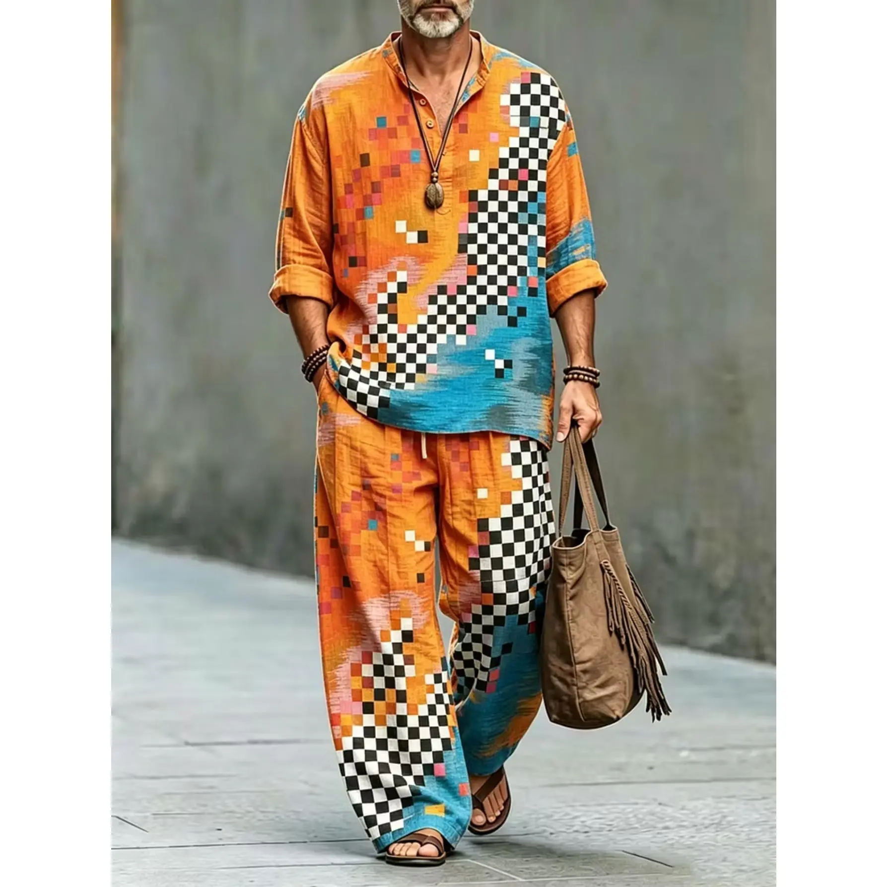 Men's 2-Piece Color-Block Pixel Check Print Suit - Stand Collar Half-Placket Short-Sleeve Shirt & Wide-Leg Pants, Bohemian Vacation Outfit