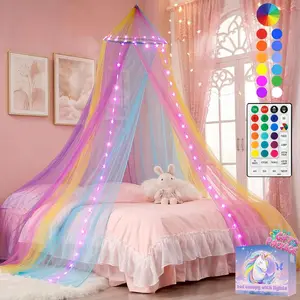 Bed Canopy with Star Lights for Girls Bedroom, 24 Colors Color Changing Princess Canopy Bed Curtains with Remote Timer for Kids Tent Fits Twin Full Queen King Size Bed