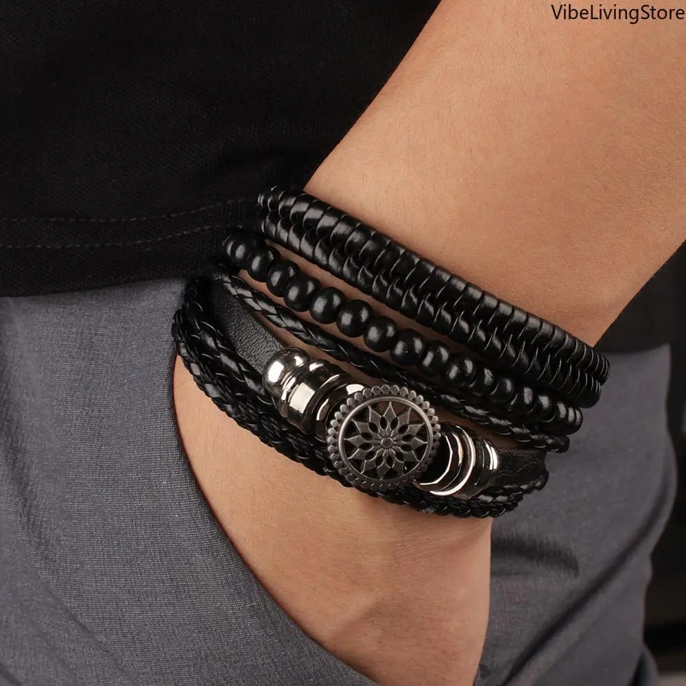 Men's 4-Piece Traditional Ethnic Jewelry Bangle Bracelet Set - Vintage Tribal Braided Leather Wristbands with Wood Beads, Tree Rudder Charms & Trinkets, Casual Bag Ornament, Ideal Gift for Boyfriends, Traditional Ethnic Jewelry Sets, Synthetic, Male