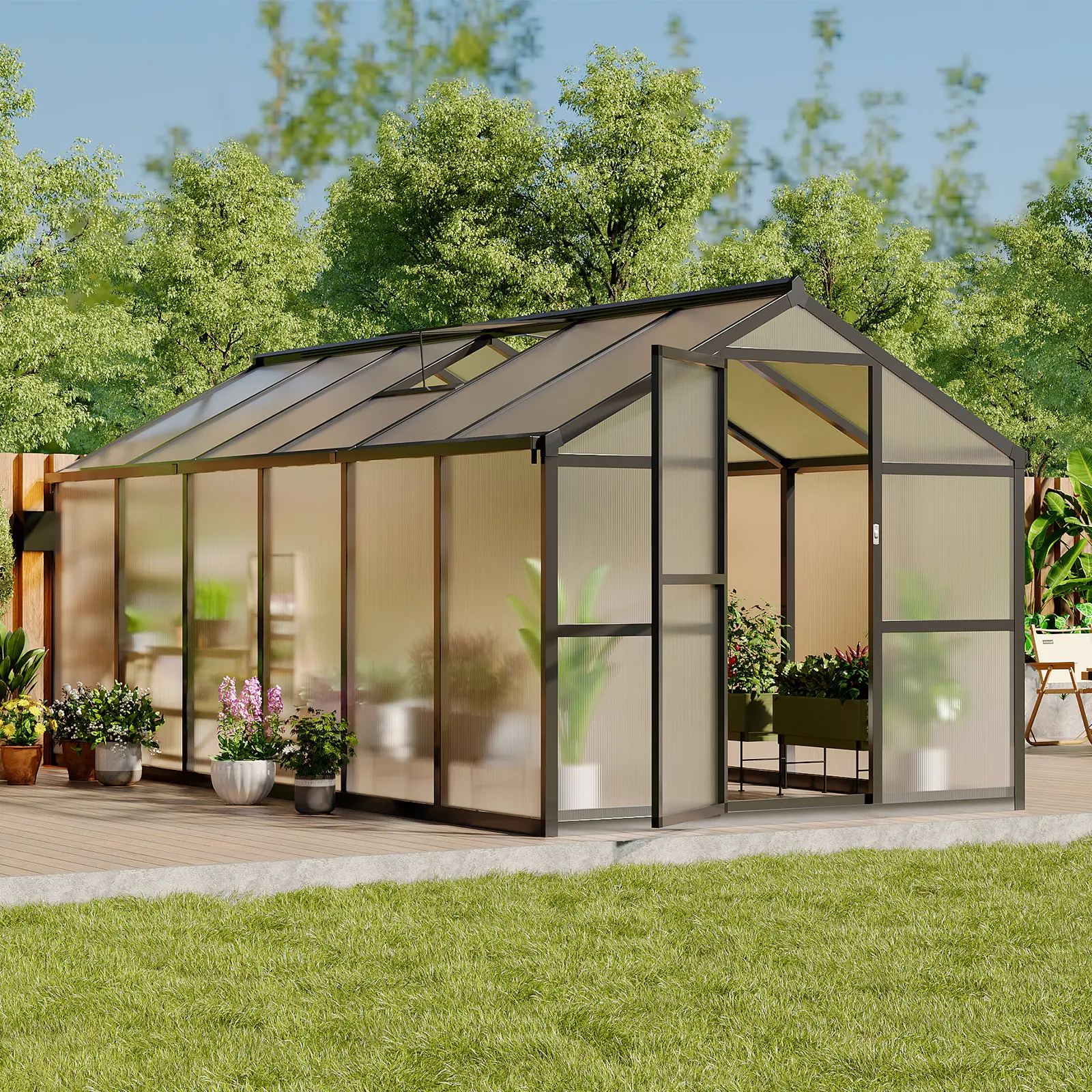 8x12 Ft Greenhouse, Polycarbonate Greenhouse with Adjustable Roof Vent for Outdoors, Aluminum Large Walk-in Greenhouse for Outside Garden, Backyard, Patio, Lawn