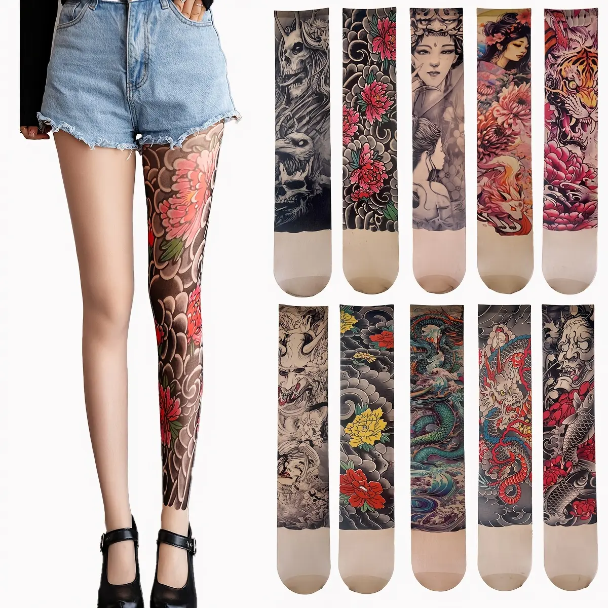 Colorful Tattoo Unisex Couple All-Match Single Leg Stocking Summer New Floral Leg Stocking 360° Tattoo Print (Single Leg Stocking)