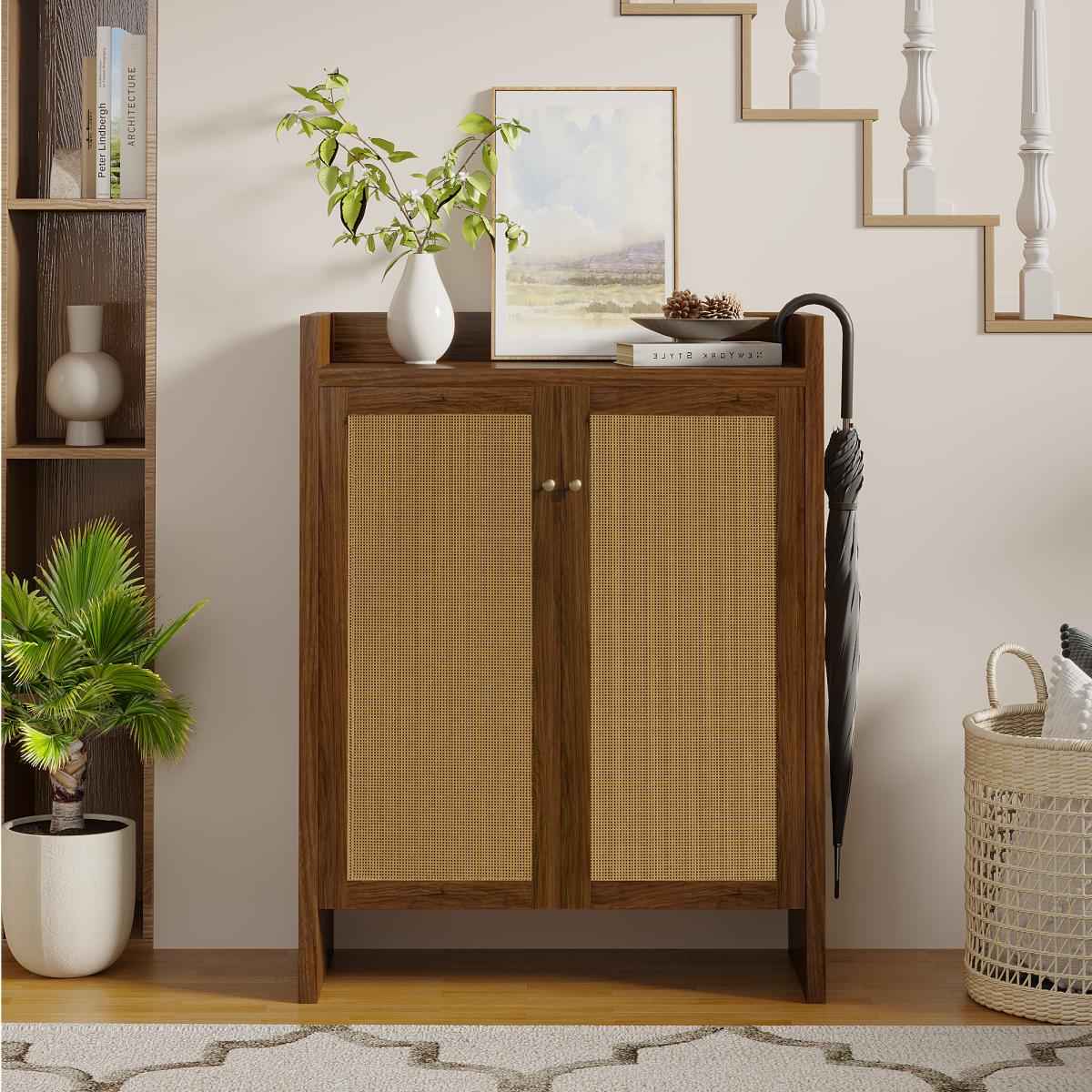 42.5" Tall Rattan Shoe Cabinet with Doors, 6-Tier Shoe Storage Cabinet with Adjustable Shelves, Wooden Freestanding Shoe Organizer Shoe Cabinet for Entryway,Hallway,Living Room (Walnut) 42.5" Tall Rattan Shoe Cabinet with Doors, 6-Tier Shoe Storage Cabinet with Adjustable Shelves, Wooden Freestanding Shoe Organizer Shoe Cabinet for Entryway,Hallway,Living Room (Walnut)