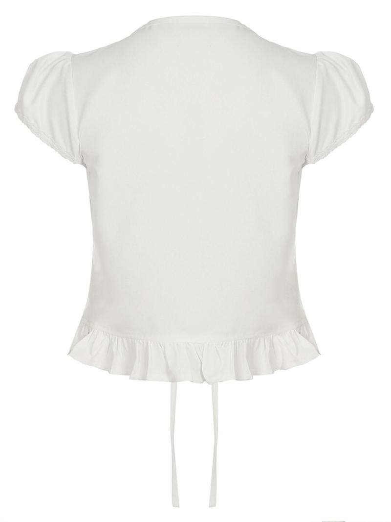 Women's Plain Lace Trim Tie Front Blouse, Casual Puff Sleeve Top for Summer, Women's Clothing for Daily Wear