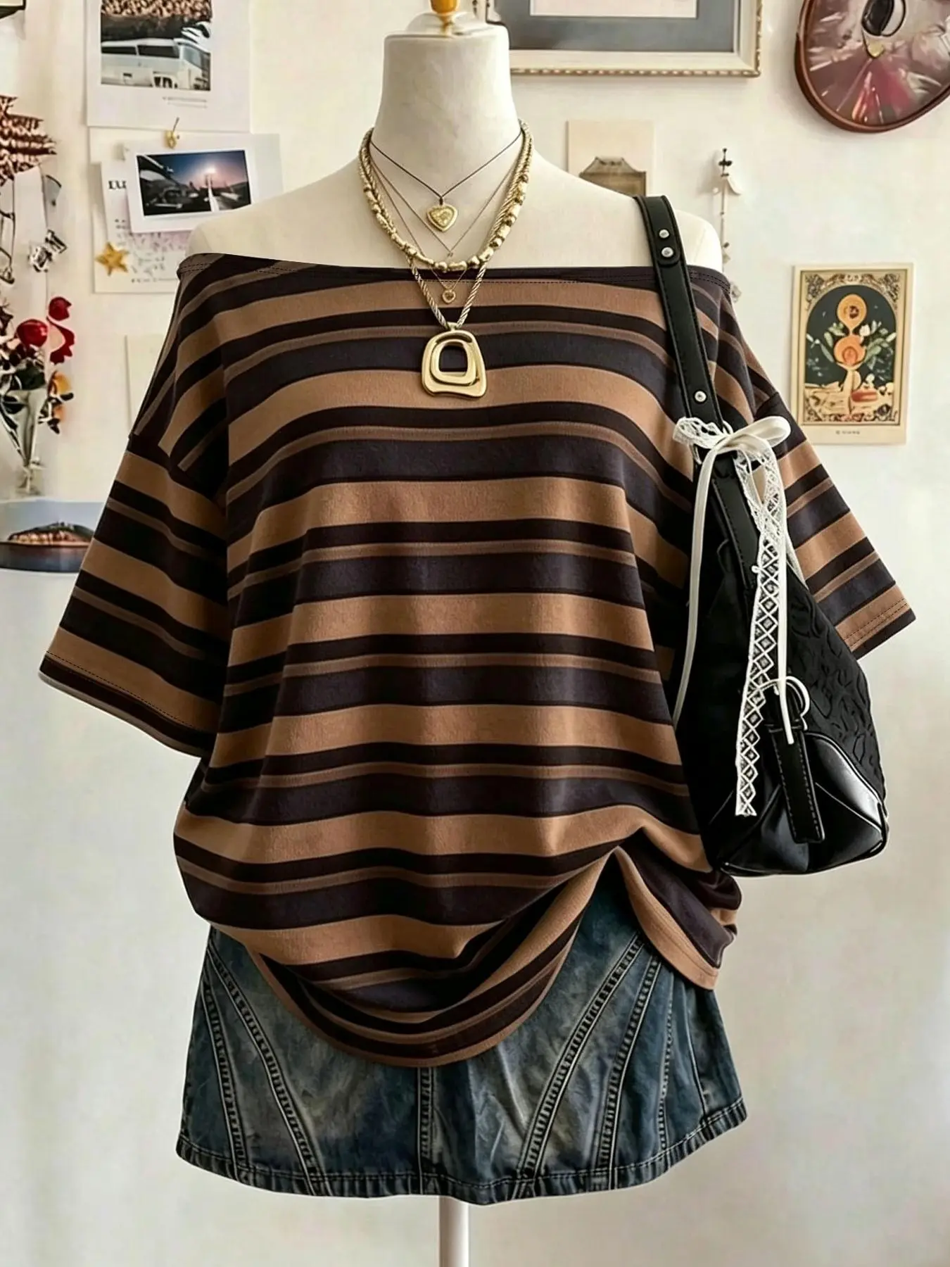 Women Off Shoulder Short Sleeve T-Shirt, Fashion Trendy Clothes, Grey Black Striped With Star Print, Oversized Slash Neck Y2K Casual Summer Tee For Street Outfit #springsaledeals2026 #womentop