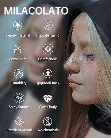 MILACOLATO 28PCS Hypoallergenic Nose Rings Hoops Studs - 316L Stainless Steel Nose Ring for Women Men - L Shaped CZ Nose Stud Hoop Nostril Piercings Jewelry Set 18G 20G 22G Silver Rose Gold Black Rainbow