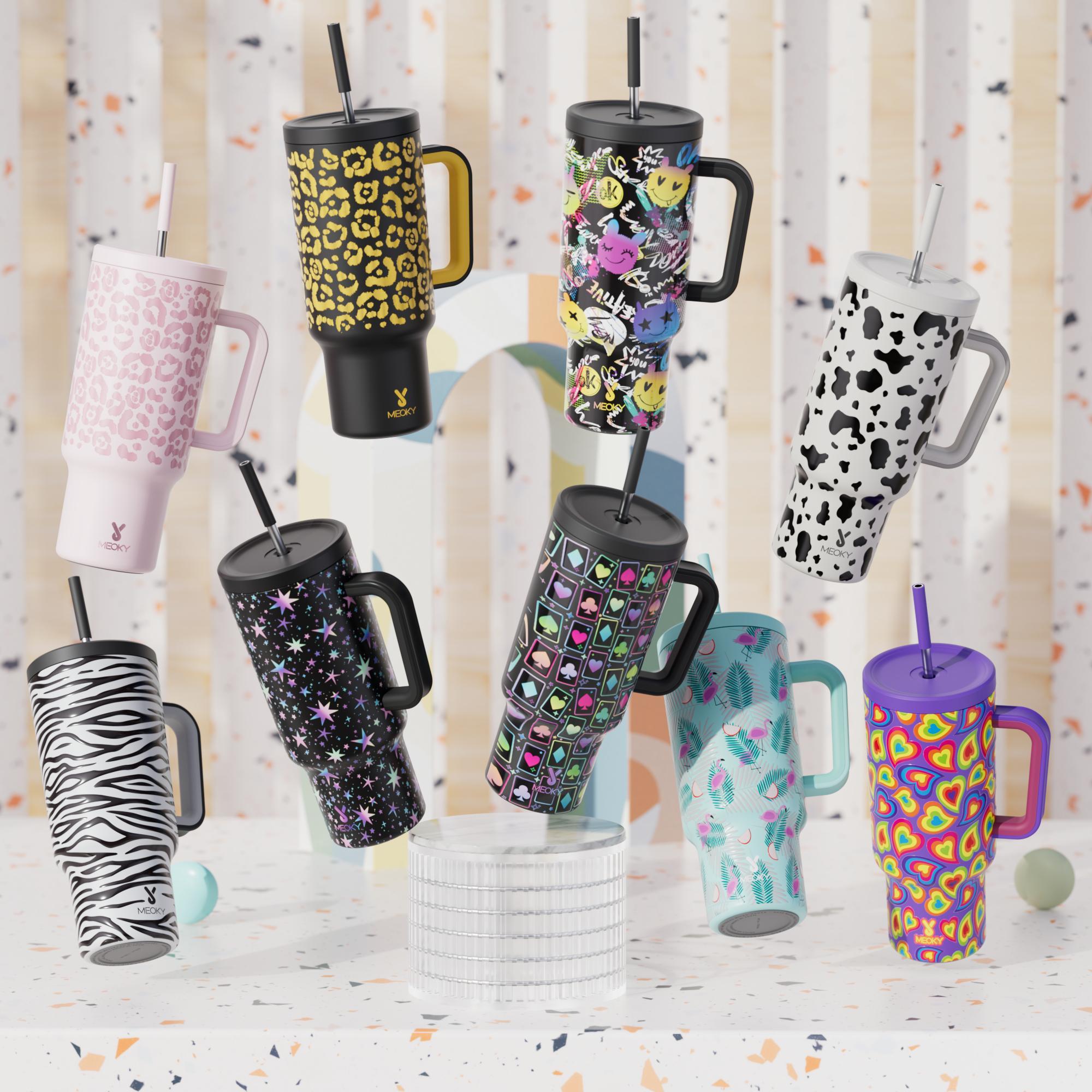 40oz Patterned Straw Handle Cup, 1 Count Multi-grid Ice Cube & Leak-proof Cup Lid with Silicone Handle, Stainless Steel Insulated Wide Mouth and Narrow Bottom for Easy Cleaning and Car Loading, Tumbler Insulated Travel Drinkware