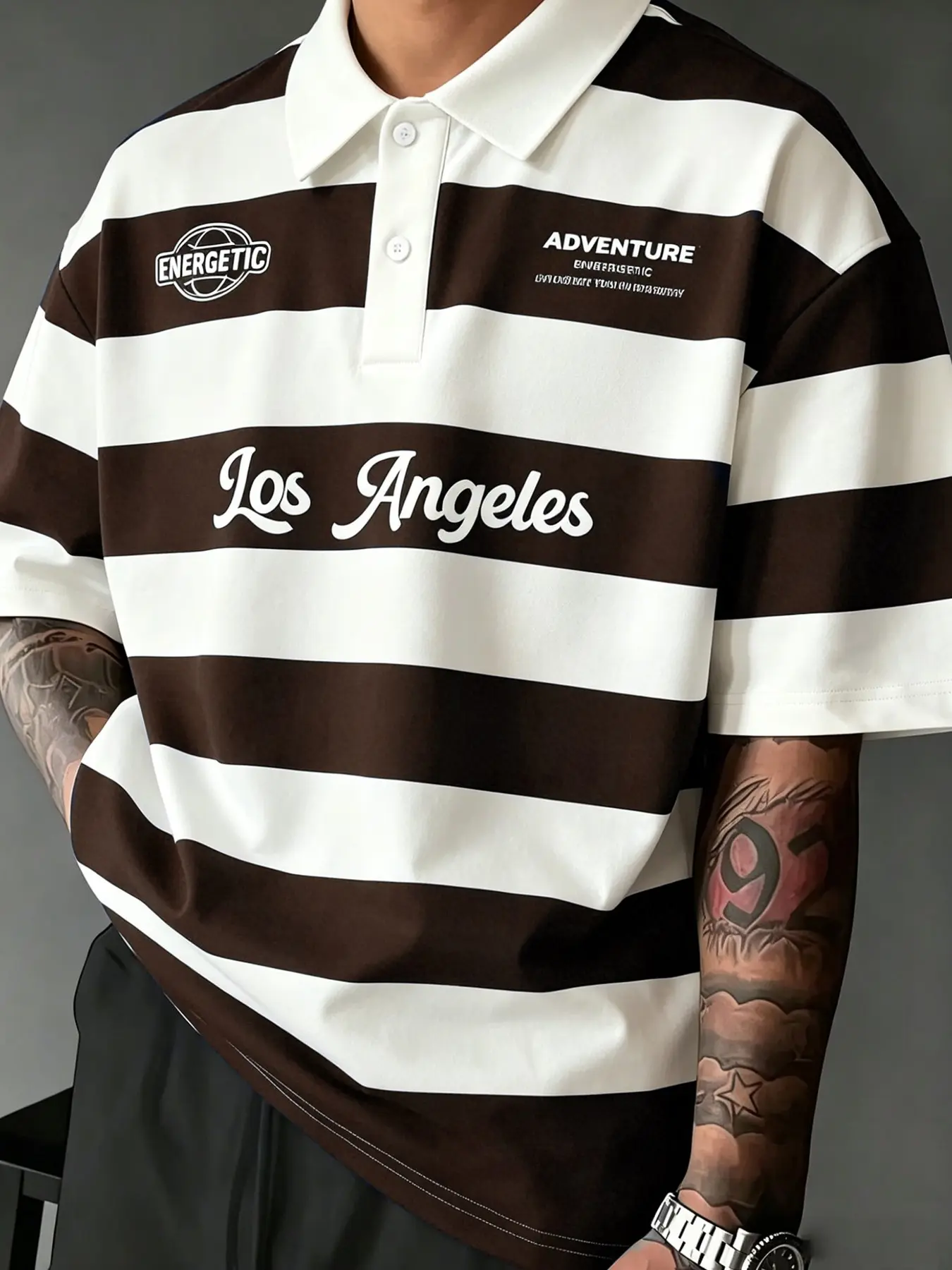 Men's Blue Striped Los Angeles Vintage Polo Shirt, Millennial Streetwear Retro College Sport Style, Loose Fit Casual Short Sleeve Top, Printed Polo Shirts