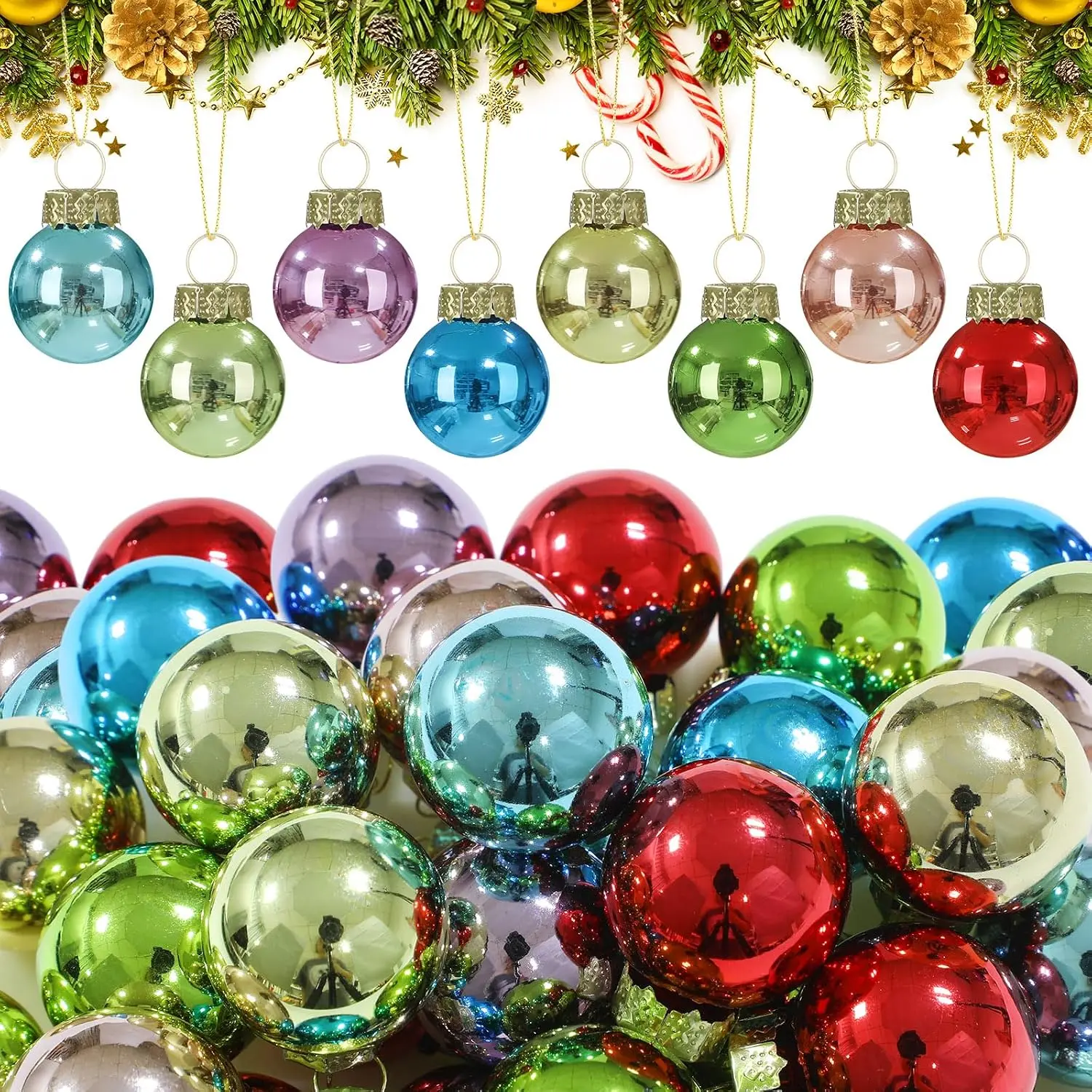 32 count 1 Inch Mini Glass Christmas Ornaments Balls Shiny Christmas Balls  Tree  Decoration Small Colorful Ball Pendant for Xmas Party Supplies(Macaron Color)