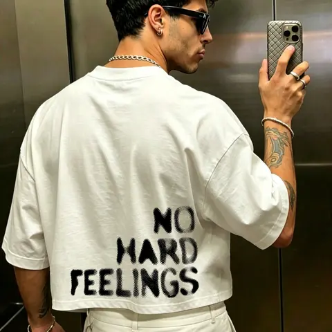 Men's Loose Cropped Fit Drop Shoulder Casual T-Shirt, 100% Sorona Polyester, Text Slogan Print, Essential Basic for Summer Vacation Outfits