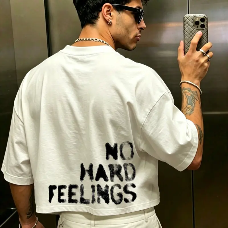 Men's Loose Cropped Fit Drop Shoulder Casual T-Shirt, 100% Sorona Polyester, Text Slogan Print, Essential Basic for Summer Vacation Outfits